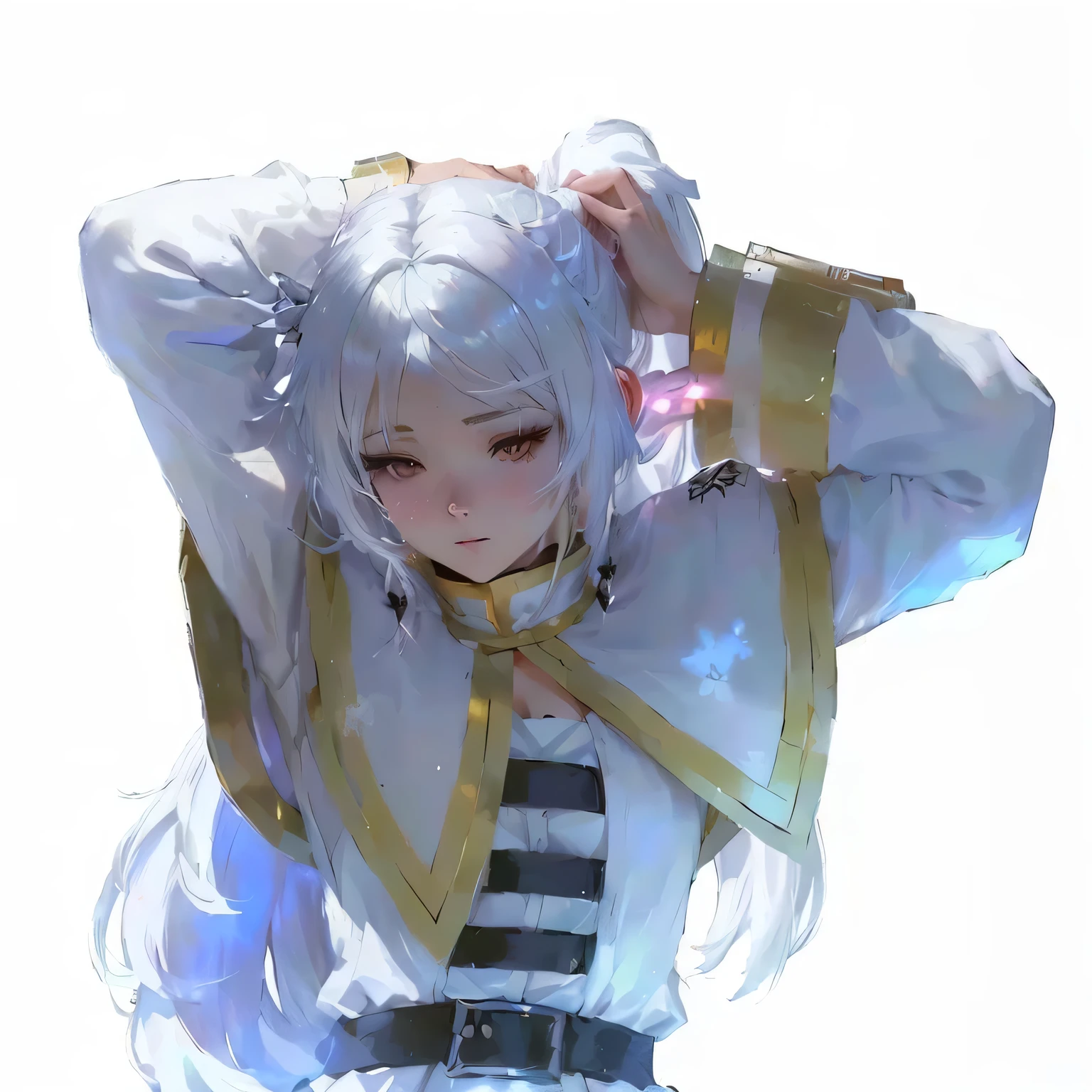 anime girl with white hair and a white dress holding her head, relaxed dwarf with white hair, guweiz, crisp clear rpg portrait, white haired deity, ayanami, anime character, detailed anime character art, anime character art, made with anime painter studio, silver hair (ponytail), dwarf with white hair, white hair floating in air, ayaka genshin impact