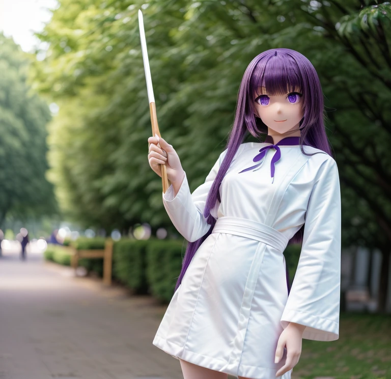 costume, ((Fernfrielen, Very long hair, Purple eyes, Purple Eyes, bangs, holding a wooden cane, White Dress, Black Robe)), Anime Girls, High resolution cosplay photos, Highest Resolution, 最high quality, high quality, 4K HDR photography, Realistic, Made with Unreal Engine, Outdoor, spring, Cold early morning, Anime Girls, A flesh-colored bodysuit made of fabric with visible seams and creases,(plastic face), plastic Anime Girls mask, Synthetic wig texture, ((Anime Face)), Detailed anime eyes, (Cartoon face), fabric seams, 