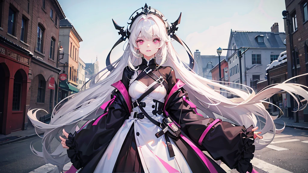 a white haired girl with PINK EYES alone looking at the camera