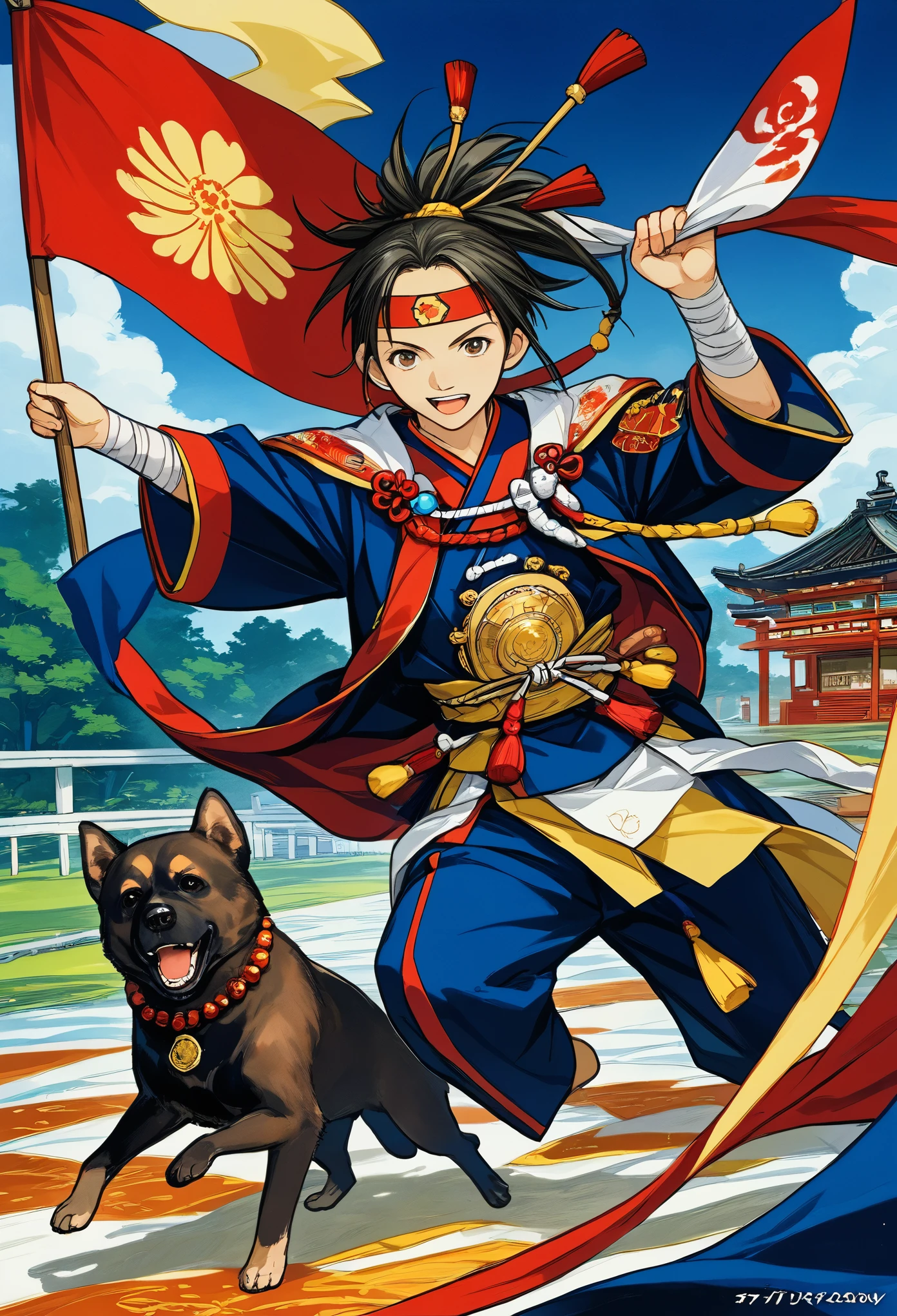 (masterpiece, top quality, best quality)dynamic scene from the Japanese folktale 'Momotaro', showing Momotaro fighting alongside his animal companions, a dog, a monkey, and a pheasant, against the ogres, The scene should be set on the Ogre Island, with Momotaro wearing traditional Japanese warrior clothing, holding a flag with the peach emblem, The animals should be actively participating in the battle, and ogres should appear menacing but not too scary, suitable for a children's book illustration, The style should be vibrant and detailed, capturing the energy and bravery of the legendary tale,