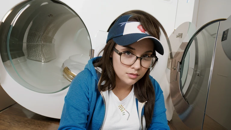 brunette ssbbw wearing leggings and a hoodie with glasses and a baseball cap stuck in the washing machine