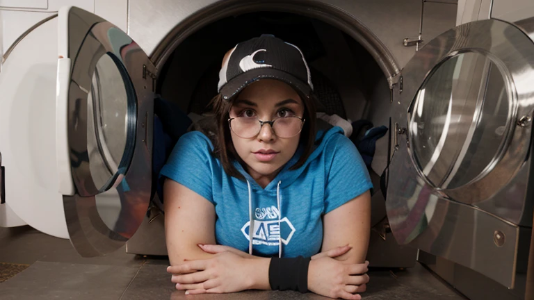 brunette ssbbw wearing leggings and a hoodie with glasses and a baseball cap stuck in the washing machine