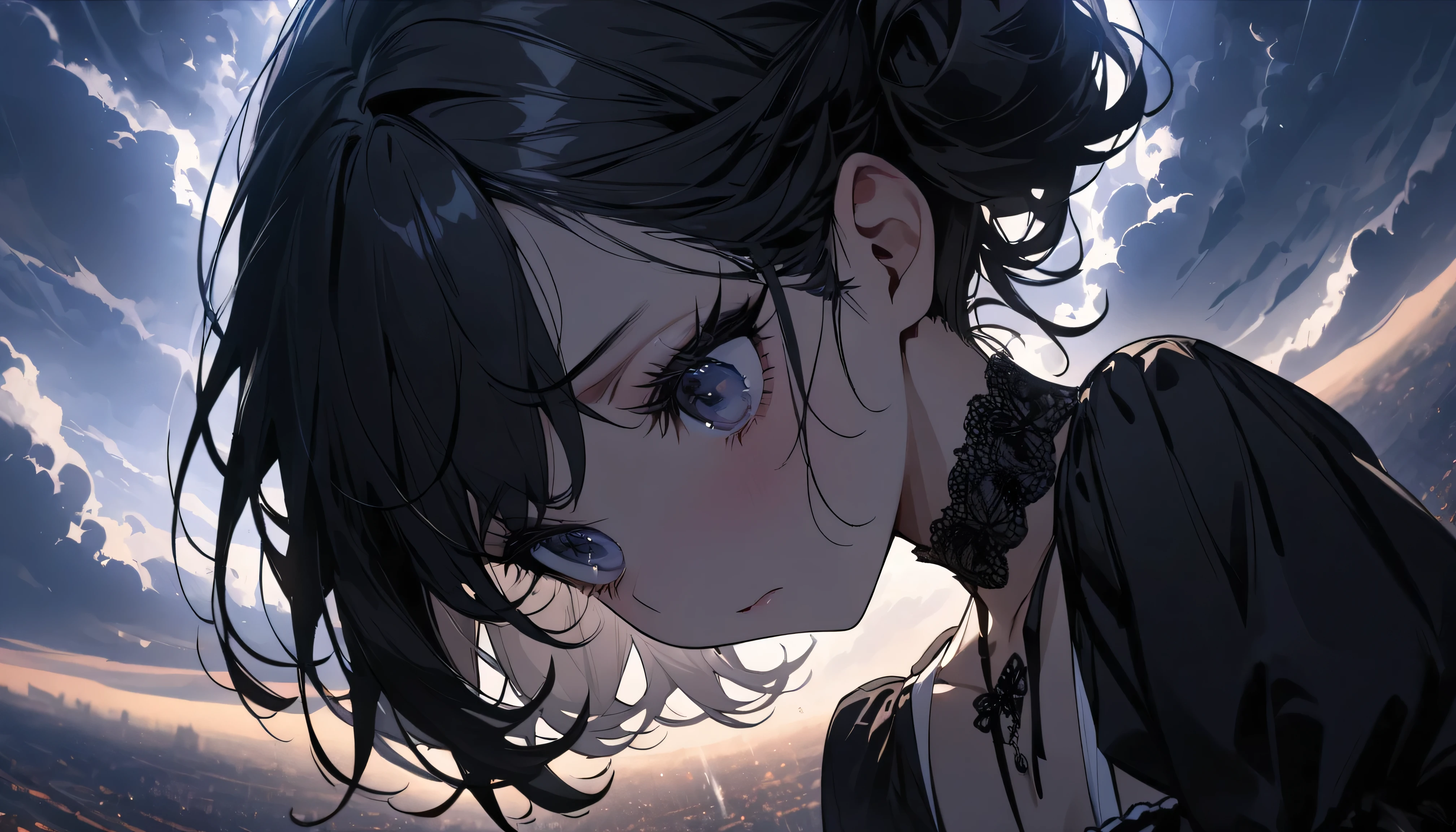 (masterpiece:1.2), (highest quality:1.2), Perfect Eyes, Perfect Face, Perfect lighting, One girl,bob, Complicated hairstyle, compensate, , Thick eyelashes, sad, melancholy, Dressed as a goth girl, Black and white dress, Frills, ribbon, Puffy sleeves, Exposing shoulders, Lace choker,in the sky,flying,fall,storm,sky diving,magnificent panorama view