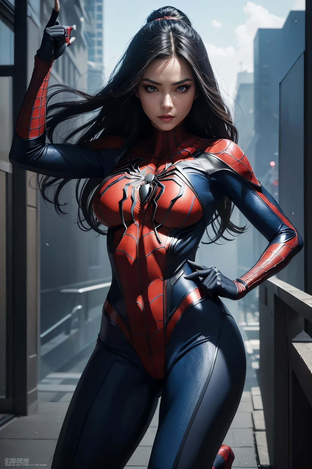 8K,Spider Lady,Super Beauty(Like the real thing),Spiderman Costume,Blue Eyes,Flexible physical ability,Perfect Anatomy,charm,Volume measurement,Body balance,super Realistic 肌,Digital single-lens reflex camera, Soft lighting, Detailed Background, Written boundary depth, Small breasts、Volumetric lighting, Sharp focus, Absurd, Realistic proportions, Excellent anatomy, (Realistic, 超Realistic:1.4), 16K HDR, dawn,A High Resolution,super Realistic 肌,Super beautiful expression,Fantasy art,Character Art,Wind effects:1.9、Cloud Effect:1.2、Full Rendering、Professional quality high resolution、Perfect contrast、Perfect lighting、Perfect composition、Perfect Skin、Perfect Fingers、Perfect breasts、Perfect Hair、Perfect Face、Realistic facial features,super highest quality,Slim figure,Perfect body line,Perfect hand shape,Anatomical body balance,Highly detailed face,Highly detailed eyes,Beautiful Lips,Excellent light particles,Cinema Lighting,Makeup,Ultra-high resolution,Ultra-Realistic Skin,Close-up of Princess Warrior,Sexy and dynamic pose,Hard and strong abs,Makeup,Rubber costume,大人のSpider Lady,Spider-Man pose,landscape,]