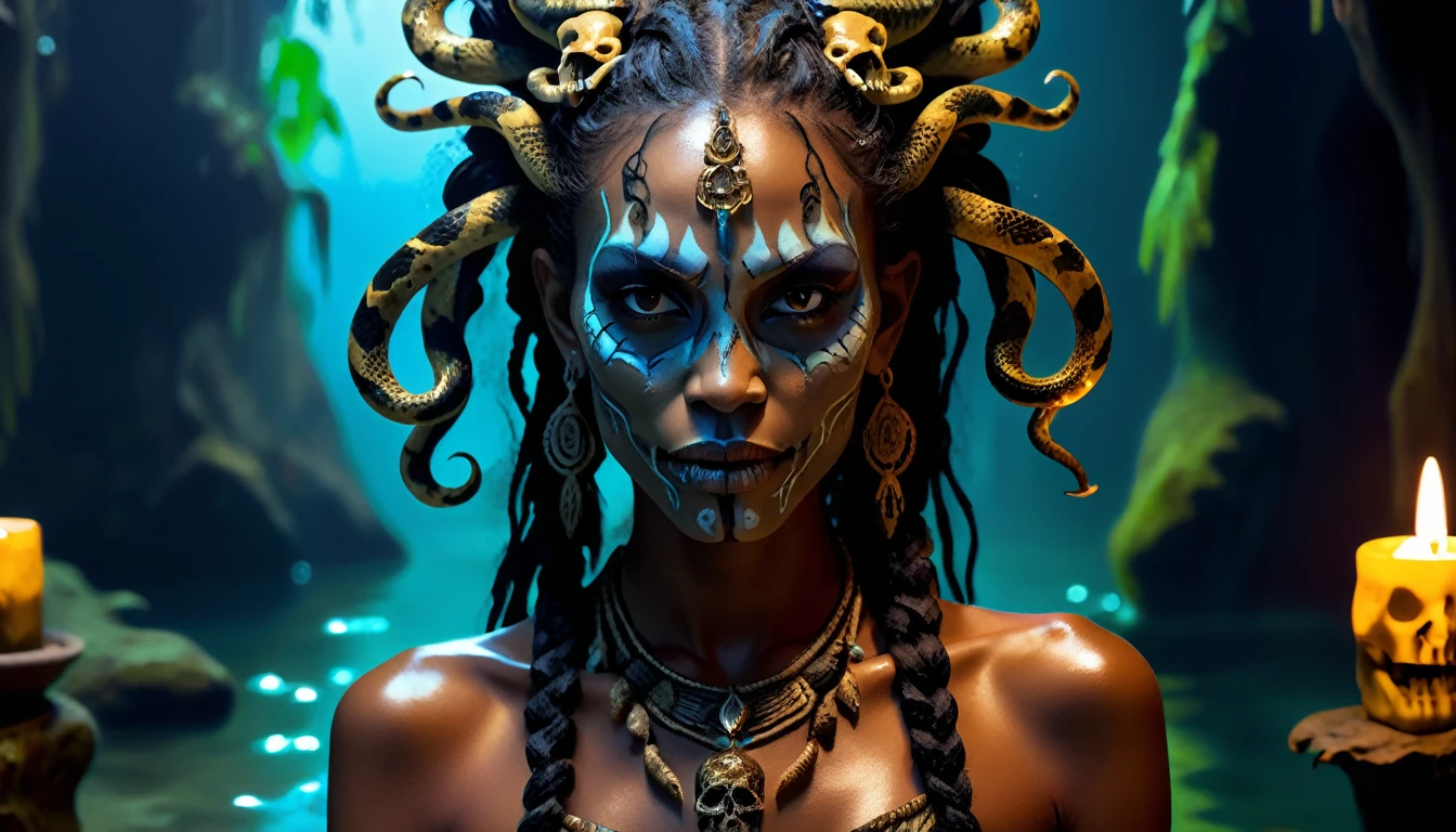 female upper body in mythical water, water surface, masterpiece, perfect face, intricate details, horror theme, epoxy_skull, dark nightmare of a 21 years old Voodoo priestess young woman with voodoo makeup and snakes in her hair, aswang, medium-sized humanoid, predatory appearance, shapeshifter, sharp, feral features, claws and fangs, glowing eyes, keen sense of smell, heightened senses, dark ominous presence, sinister malevolent expression, irritant,healthy,outlandish, bewildering, grim, decomposing, dynamic, malevolent, melancholy, flare, fast autofocus, f/22, shutter speed 1/125 sec, iso1600, white balance daylight, exposure compensation "+3.0 ev", shutter priority shooting mode, leading lines, focus mode continuous, spot metering, by milton caniff, cel shading,