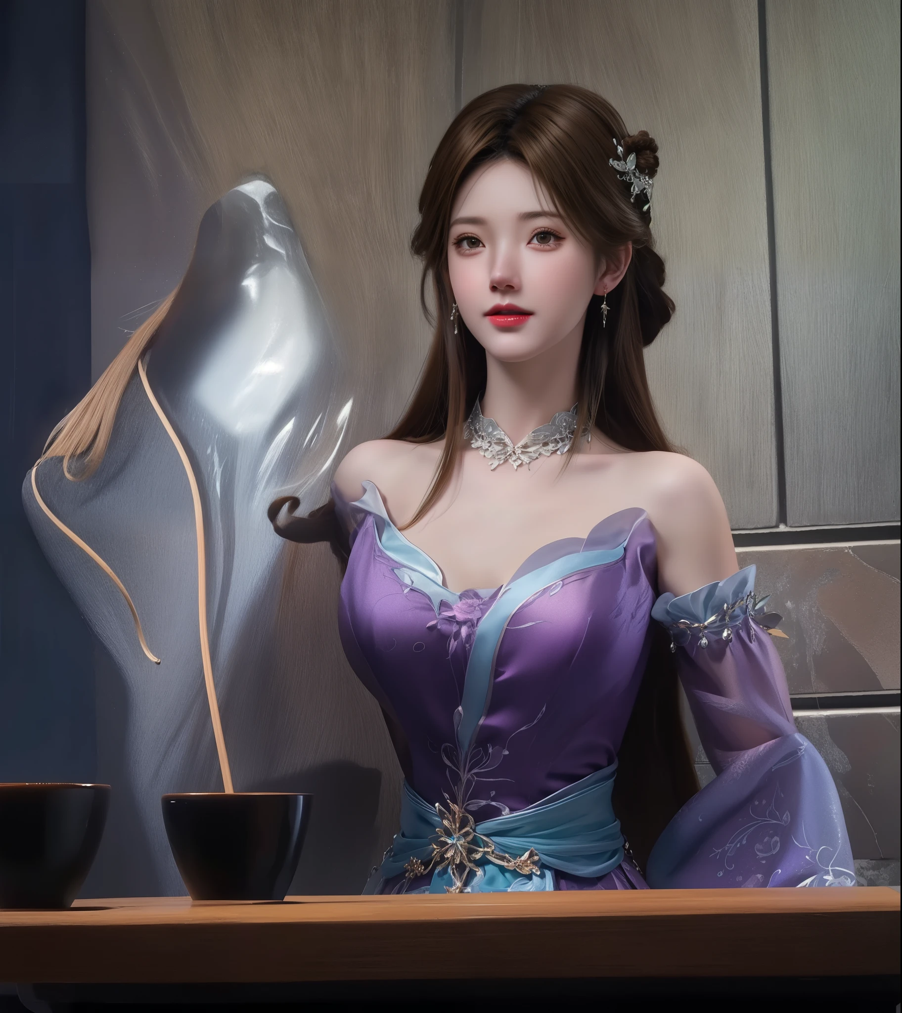 (hyperrealistic), (illustration), (high resolution), (8K), (extremely detailed), (best illustration), (beautiful detailed eyes), (best quality), (ultra-detailed), (masterpiece), (wallpaper), (photorealistic), (natural light), (rim lighting), (detailed face), (high detailed realistic skin texture), (anatomically correct), (solo), (1 girl), (high detailed realistic hair), (caramel hair:1.35), (heterochromic eyes), (detailed eyes), (light brown eyes:1.37), (sparkling eyes), (realistic big breasts:1.5), (long legs), (slender abs), (dynamic pose), (closed tiny mouth:1.3), (concentrated expression), (topless),