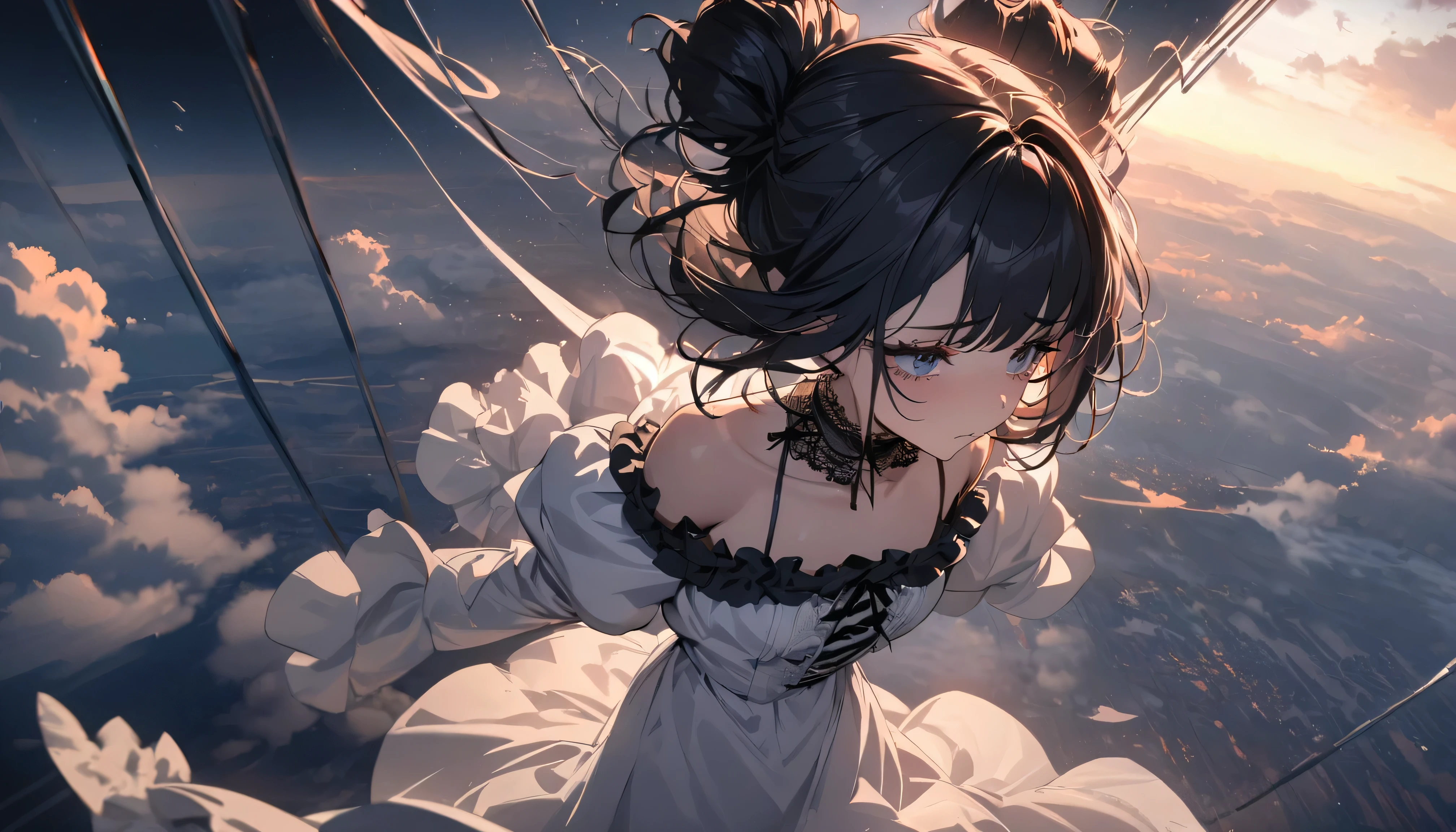 (masterpiece:1.2), (highest quality:1.2), Perfect Eyes, Perfect Face, Perfect lighting, One girl,bob, Complicated hairstyle, compensate, , Thick eyelashes, sad, melancholy, Dressed as a goth girl, Black and white dress, Frills, ribbon, Puffy sleeves, Exposing shoulders, Lace choker,in the sky,flying,fall,storm,sky diving,magnificent panorama view,full body