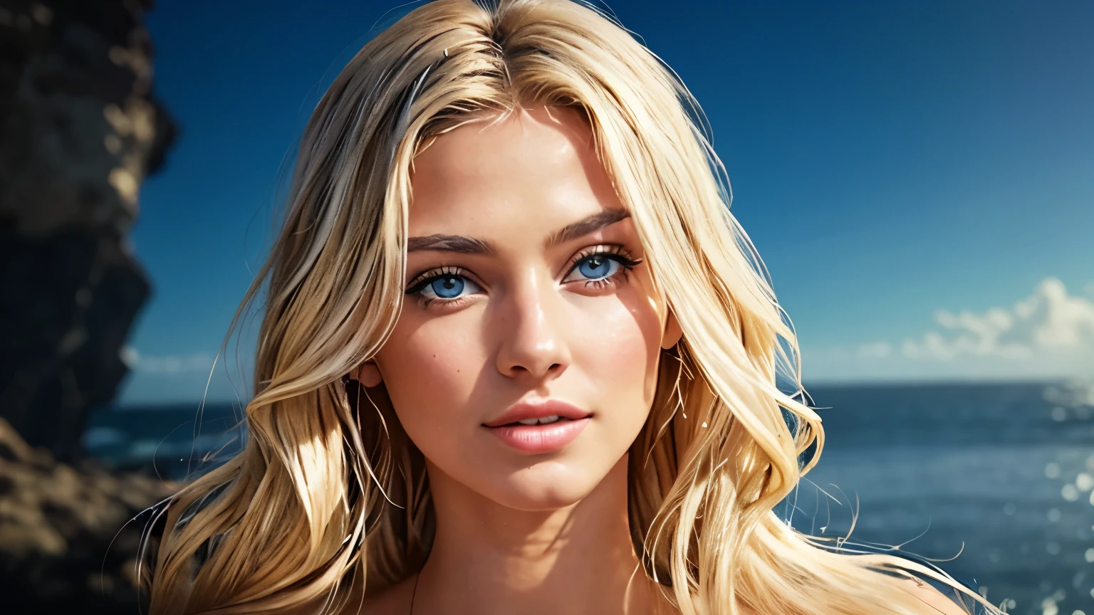 A breathtaking Mother's Day poster, showcasing a stunning European woman in solo pose, (facial features of Elsa Hosk: 0.75), beautiful model, very beautiful, blonde, defined body, celestial blue eyes sharply defined, full lips, seductive gaze, alluring smile without showing teeth, dressed in a luxurious silk blue dress, her long blonde wavy hair cascades down her shoulders, framing her delicate and sexy face, her eyes, filled with life and love, are highlighted by cinematic photography and impressive 8k resolution, colors stand out with vivid clarity, evoking a feeling of warmth and nostalgia, the setting is a ser