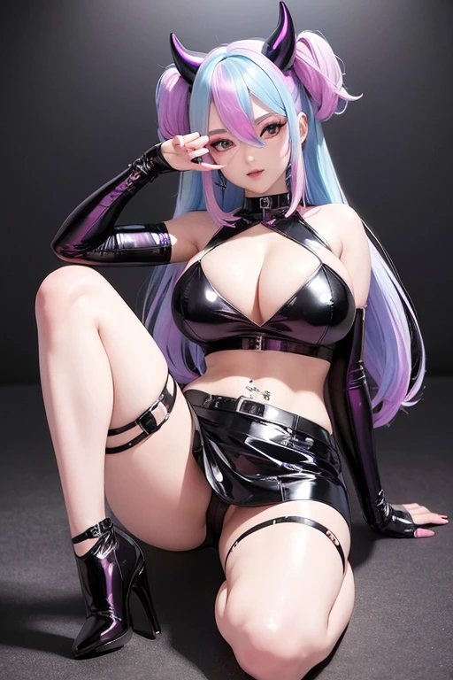 Sexy demon girl, pastel rainbow hair, piercings, seductive pose, full body, large breasts, crop top latex holographic, latex skirt holographic, thigh high heels holographic 