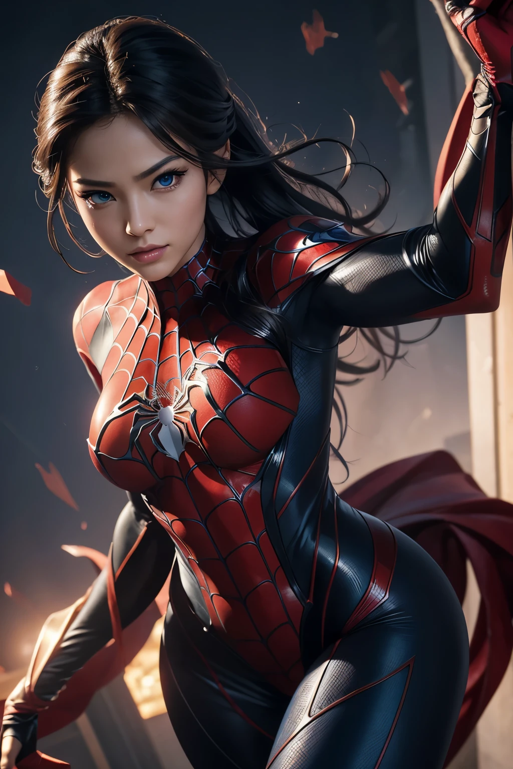 8K,Spider Lady,Super Beauty(Like the real thing),Spiderman Costume,Blue Eyes,Flexible physical ability,Perfect Anatomy,charm,Volume measurement,Body balance,super Realistic 肌,Digital single-lens reflex camera, Soft lighting, Detailed Background, Written boundary depth, Small breasts、Volumetric lighting, Sharp focus, Absurd, Realistic proportions, Excellent anatomy, (Realistic, 超Realistic:1.4), 16K HDR, dawn,A High Resolution,super Realistic 肌,Super beautiful expression,Fantasy art,Character Art,Wind effects:1.9、Cloud Effect:1.2、Full Rendering、Professional quality high resolution、Perfect contrast、Perfect lighting、Perfect composition、Perfect Skin、Perfect Fingers、Perfect breasts、Perfect Hair、Perfect Face、Realistic facial features,super highest quality,Slim figure,Perfect body line,完璧なhandの造形,Anatomical body balance,Highly detailed face,Highly detailed eyes,Beautiful Lips,Excellent light particles,Cinema Lighting,Makeup,Ultra-high resolution,Ultra-Realistic Skin,Close-up,Sexy and dynamic pose,Hard and strong abs,Makeup,Rubber costume,大人のSpider Lady,Spider-Man pose,Adult sex appeal,hand