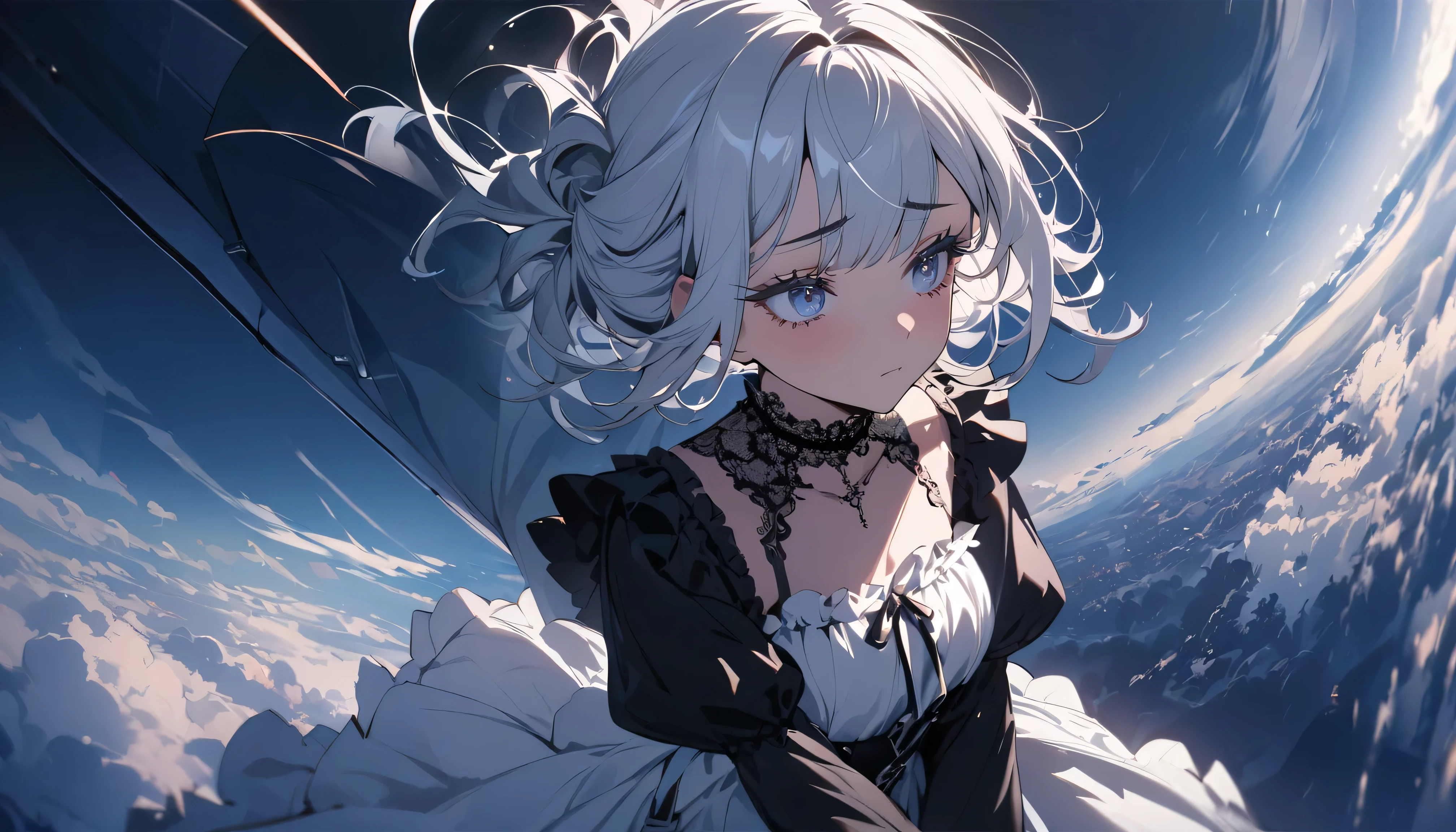 (masterpiece:1.2), (highest quality:1.2), Perfect Eyes, Perfect Face, Perfect lighting, One girl,bob, Complicated hairstyle, compensate, , Thick eyelashes, sad, melancholy, Dressed as a goth girl, Black and white dress, Frills, ribbon, Puffy sleeves, Exposing shoulders, Lace choker,in the sky,flying,fall,storm,sky diving,magnificent panorama view,full body