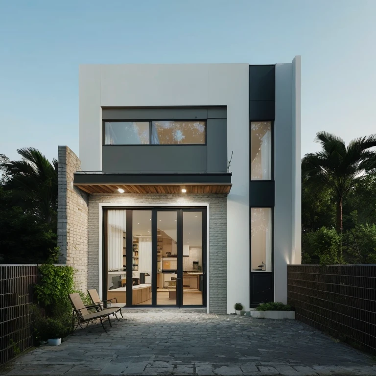 un rendu d&#39;une maison moderne avec un patio et un coin patio, precise rendu architecturaling, high quality rendering, rendu architectural 3D, exterior design, Award-winning rendering, rendre à la perfection résolue, rendu architectural, rendu architecturaling, Realistic concept, exterior wide angle 2022, rendu professionnel, Award-winning rendering, minimaliste moderne néotraditionnel