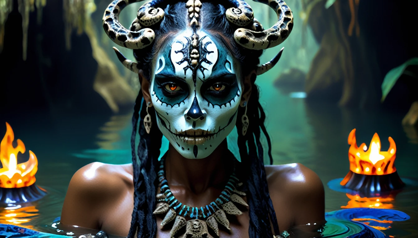 female upper body in mythical water, water surface, masterpiece, perfect face, intricate details, horror theme, epoxy_skull, dark nightmare of a 21 years old Voodoo priestess young woman with voodoo makeup and snakes in her hair, aswang, medium-sized humanoid, predatory appearance, shapeshifter, sharp, feral features, claws and fangs, glowing eyes, keen sense of smell, heightened senses, dark ominous presence, sinister malevolent expression, irritant,healthy,outlandish, bewildering, grim, decomposing, dynamic, malevolent, melancholy, flare, fast autofocus, f/22, shutter speed 1/125 sec, iso1600, white balance daylight, exposure compensation "+3.0 ev", shutter priority shooting mode, leading lines, focus mode continuous, spot metering, by milton caniff, cel shading,