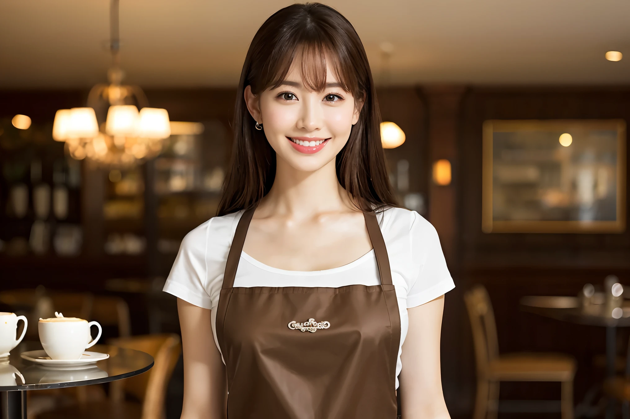 (highest quality、Tabletop、8k、Best image quality、Award-winning works)、Woman working in a café、(The perfect brown apron:1.2)、(Standing elegantly in a cafe:1.1)、(A classy shirt and apron:1.1)、(Big Breasts:1.1)、(Accentuate your body lines:1.1)、Beautiful woman portrait、The most elegant and cozy cafe、The most natural cafe, Perfectly organized、(The most atmospheric and warm lighting:1.1)、(The most romantic atmosphere:1.1)、Stylish and elegant cafe、Strongly blurred background、Look at me and smile、(Accurate anatomy:1.2)、Ultra high resolution perfect beautiful teeth、Ultra-high definition beauty face、Ultra HD Hair、Ultra HD The Shining Eyes、The Shining, Super high quality beautiful skin、Super high quality glossy lip