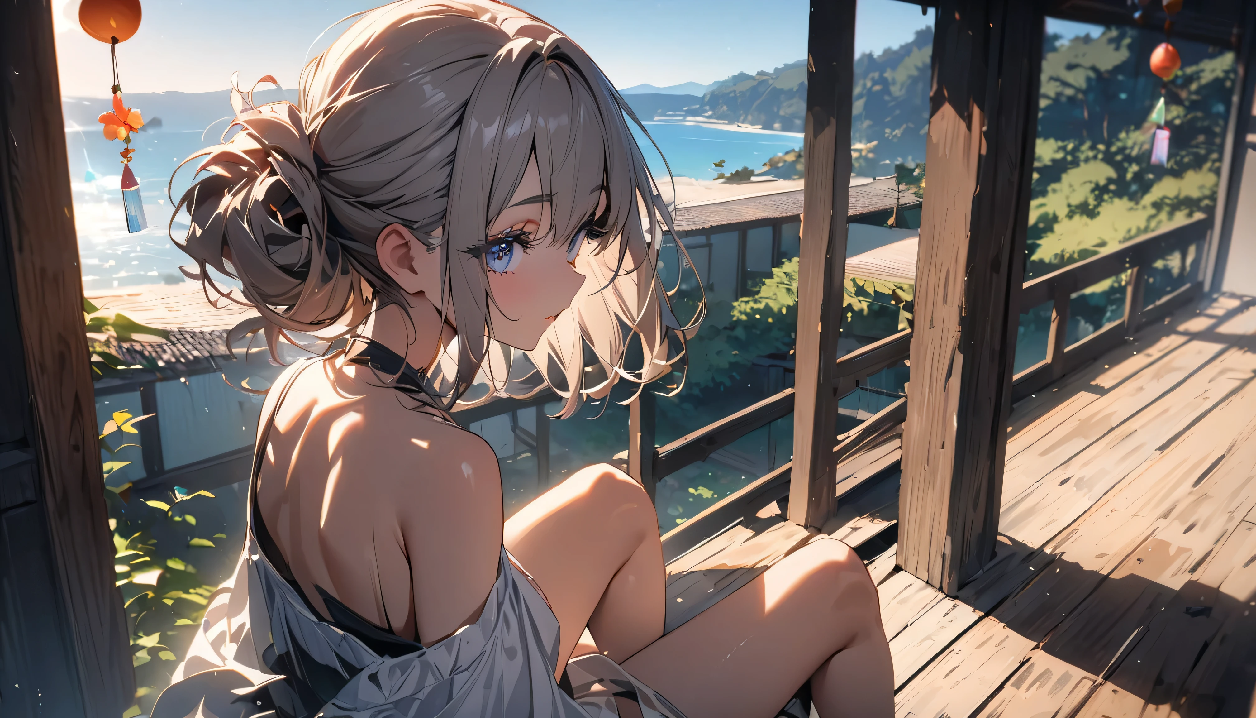 (masterpiece:1.2), (highest quality:1.2), Perfect Eyes, Perfect Face, Perfect lighting, One girl,bob, Complicated hairstyle, compensate, , Thick eyelashes, summer,Veranda,wind chimes,sitting,magnificent panorama view