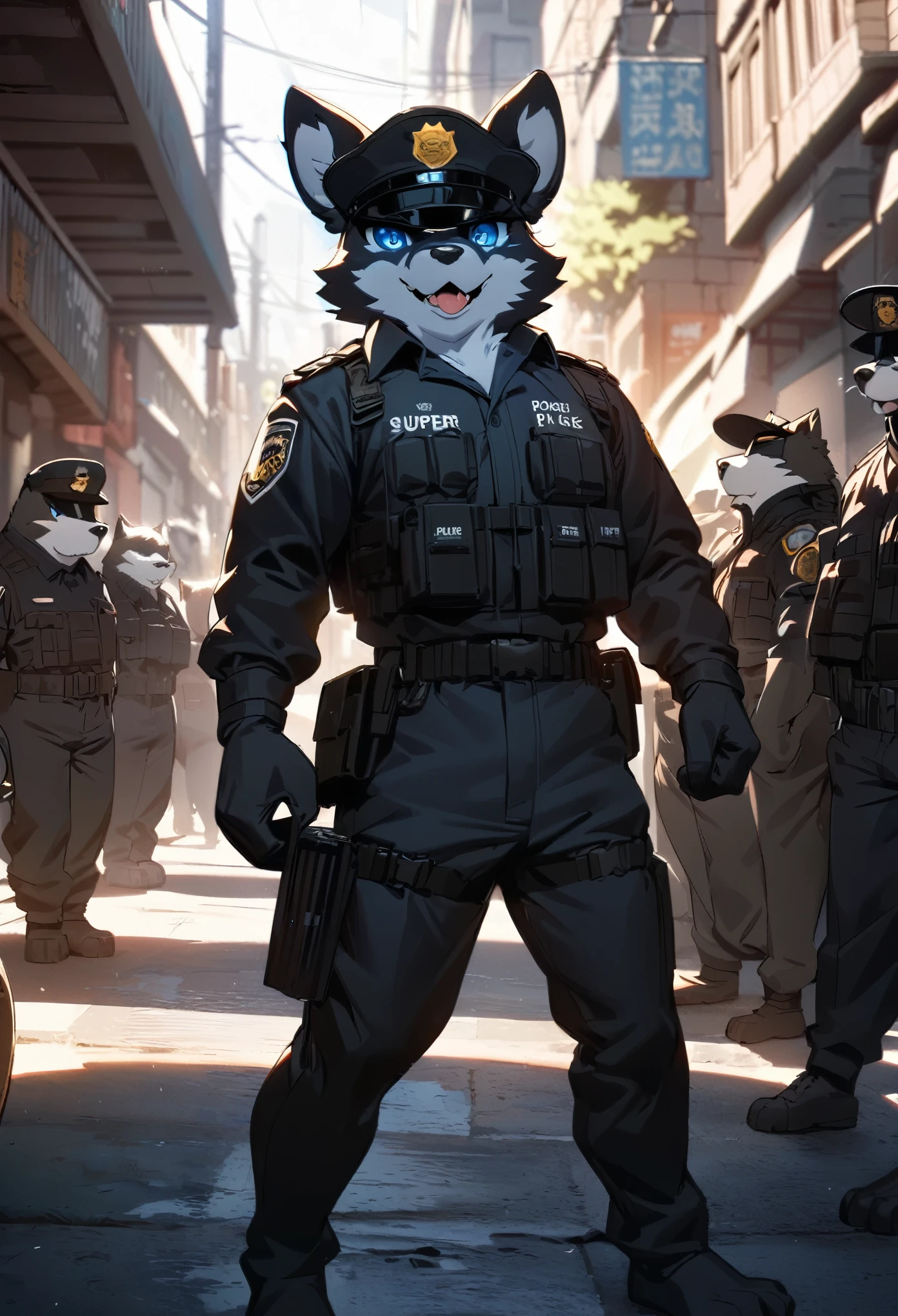 top quality, best quality, highres, masterpiece, super high resolution, detailed background, street, gasping for air(super handsome boys, dog)police officer, swat, police uniform, 6+boys, 6+girls, absurdres(highly detailed beautiful face and eyes)perfect anatomy, good lighting, volumetric lighting, cinematic shadow(kemono, furry anthro),