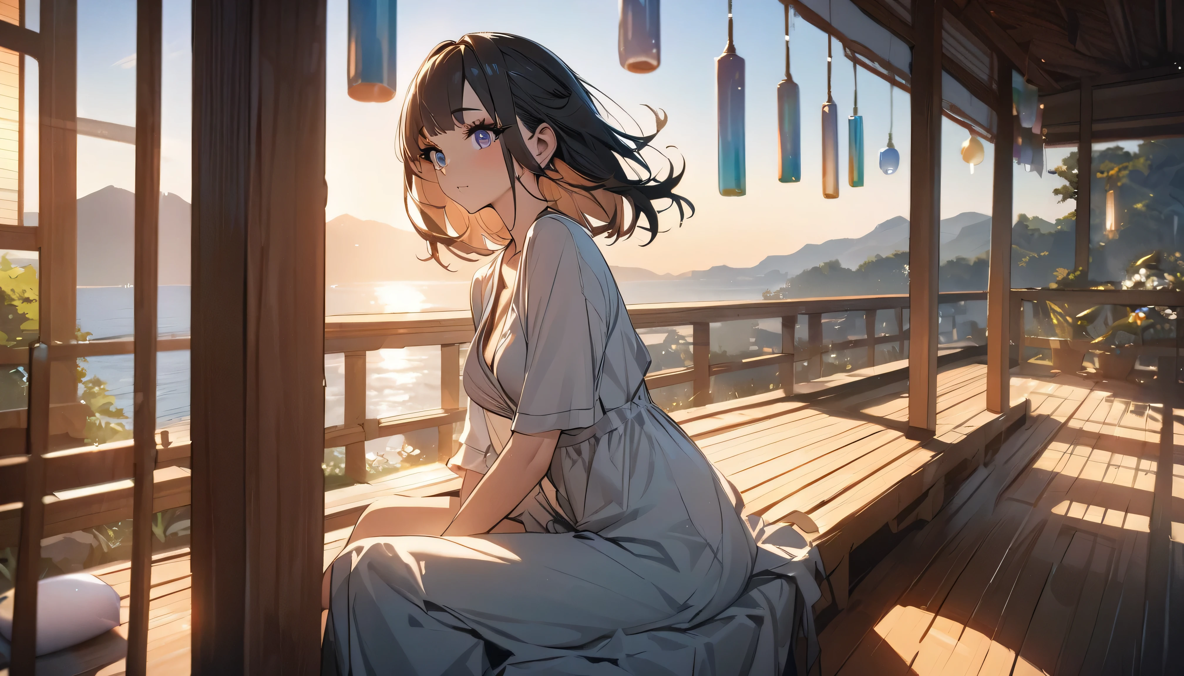 (masterpiece:1.2), (highest quality:1.2), Perfect Eyes, Perfect Face, Perfect lighting, One girl,bob, Complicated hairstyle, compensate, , Thick eyelashes, summer,Veranda,wind chimes,sitting,magnificent panorama view