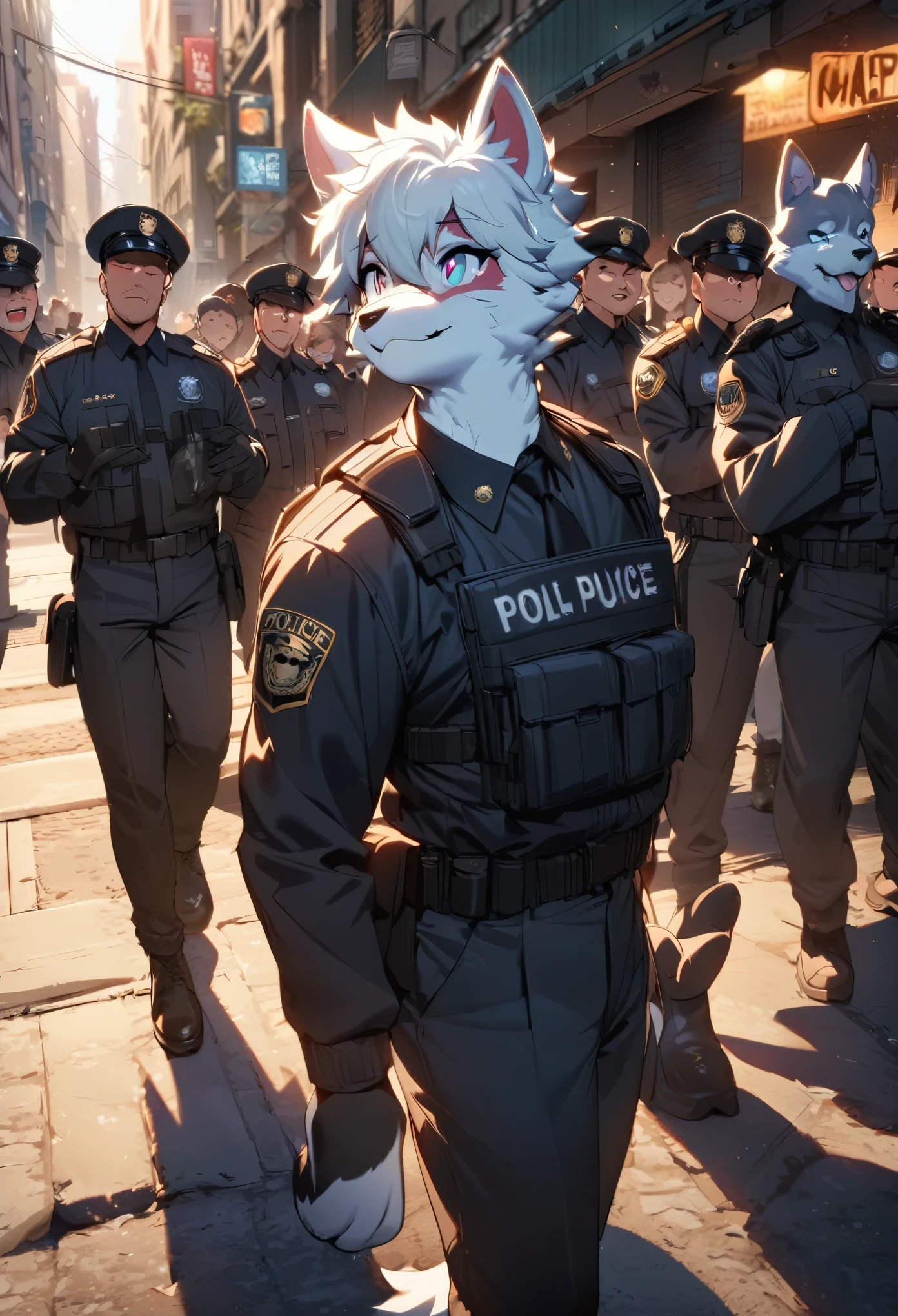 top quality, best quality, highres, masterpiece, super high resolution, detailed background, street, gasping for air(super handsome boys, dog)police officer, swat, police uniform, 6+boys, 6+girls, absurdres(highly detailed beautiful face and eyes)perfect anatomy, good lighting, volumetric lighting, cinematic shadow(kemono, furry anthro),