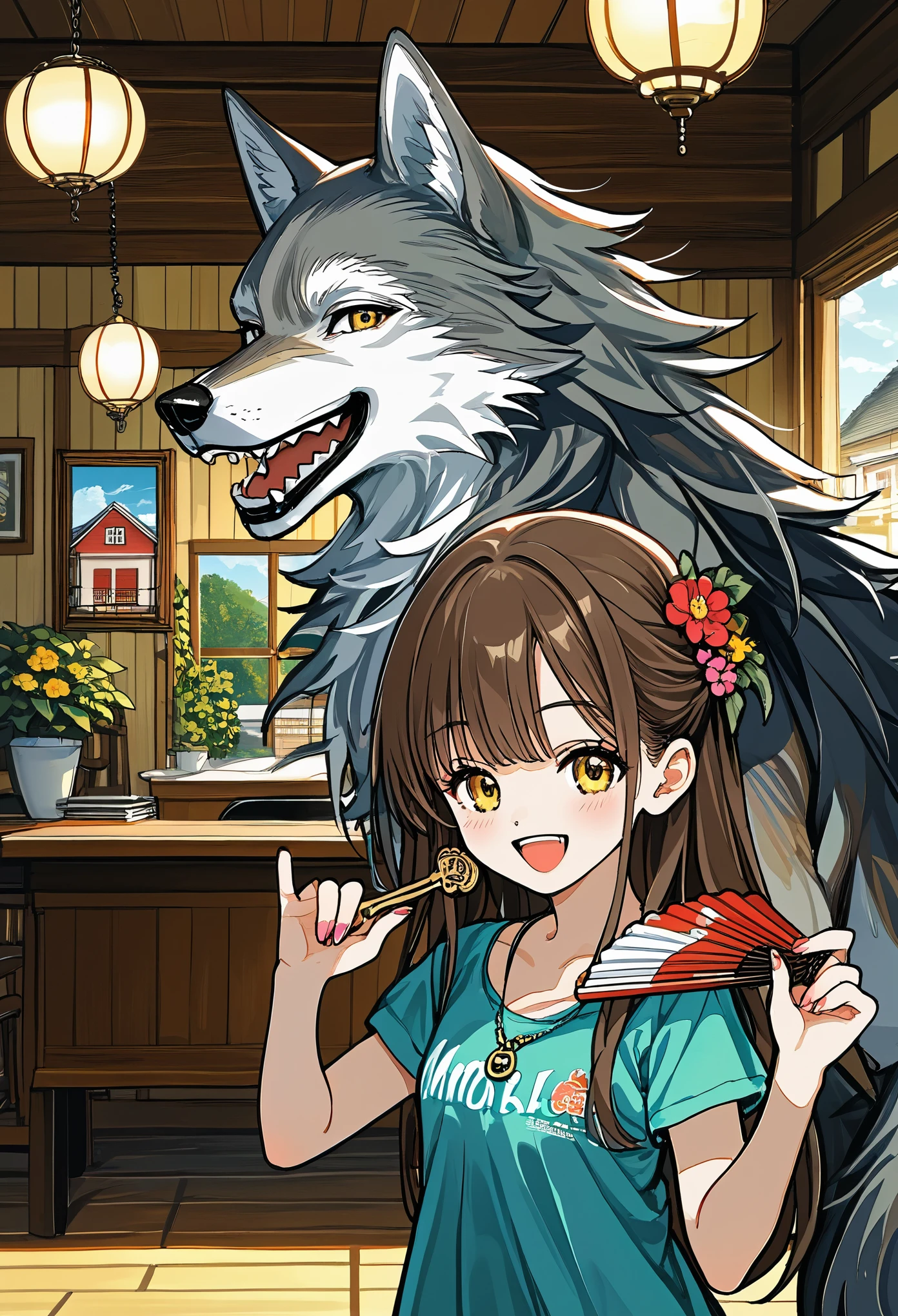 cover page, anime key visual, highres, top quality, best quality, paid reward available, High-quality illustrations, unparalleled masterpiece, perfect artwork, absurdres(home video,  joyful wife, wolf husband)in house, in room, smile, happy, perfect anatomy, fan-created work shared on platforms Pixiv or Twitter, cinematic lighting,
