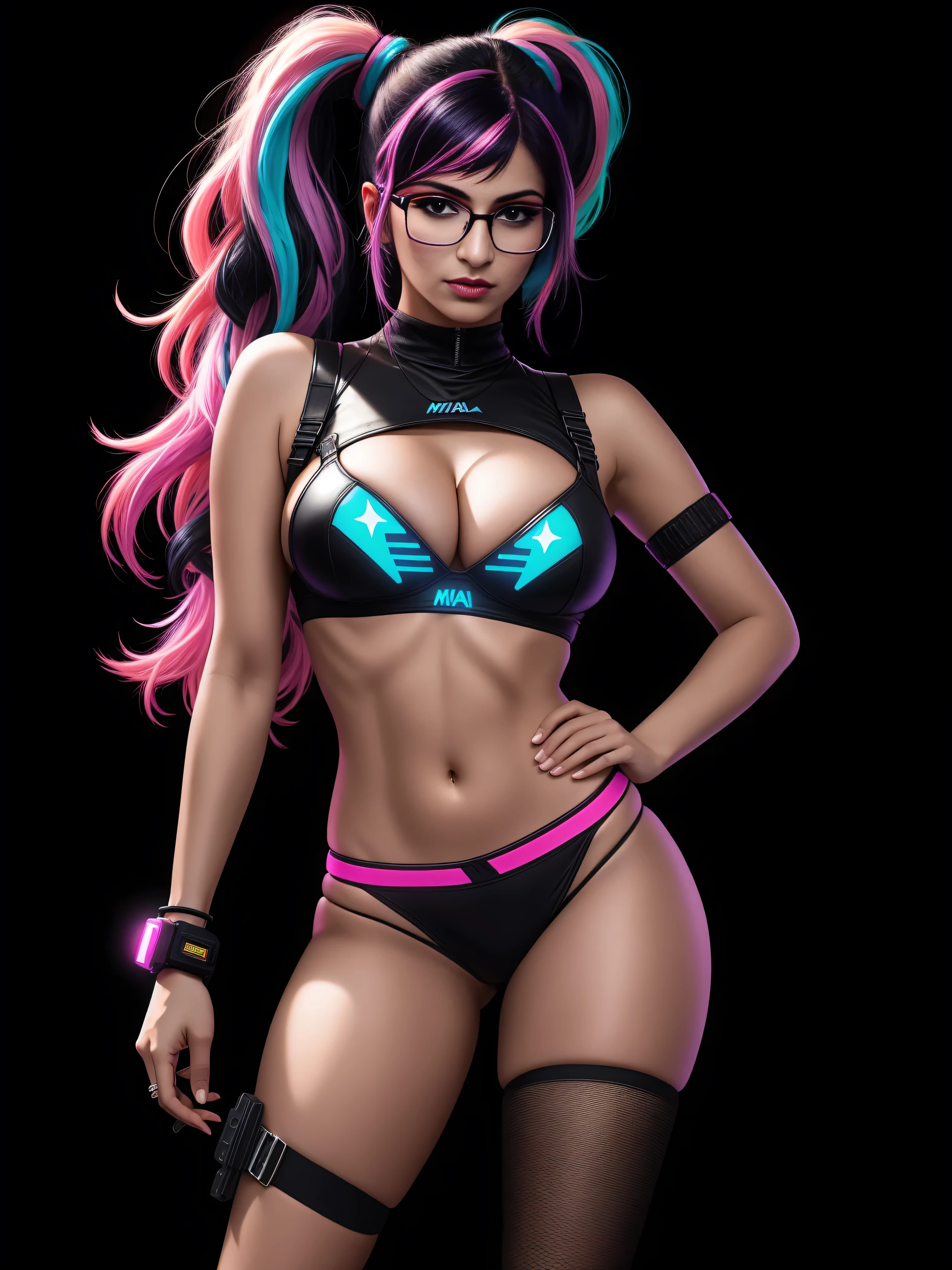 there is Mia Khalifa, wearing rayban glasses, royal blue and bright purple neon streaked hair, hair in pony tail, 3 d neon art of a womans body, neon-noir background, cyberpunk femme fatale, seductive cyberpunk dark fantasy, cyberpunk strip clubs, cyberpunk 20 y. o model girl, oppai cyberpunk, banner, high definition cgsociety, cgsociety masterpiece, trending on cgstation, kda, random hair, looking at camera, gigantic breasts, cleavage, (high detailed skin:1.2), 8k uhd, dslr, super lighting, high quality, film grain, high res, highly detailed, hyper realistic, beautiful face, beautiful body, beautiful eyes nose lips, alluring expression, very bold, upper visible, full body photo, standing legs apart, pale translucent glowing skin, most beautiful face, cute, (well defined pubic hair:1.2)), (dark plain black background:1.4))