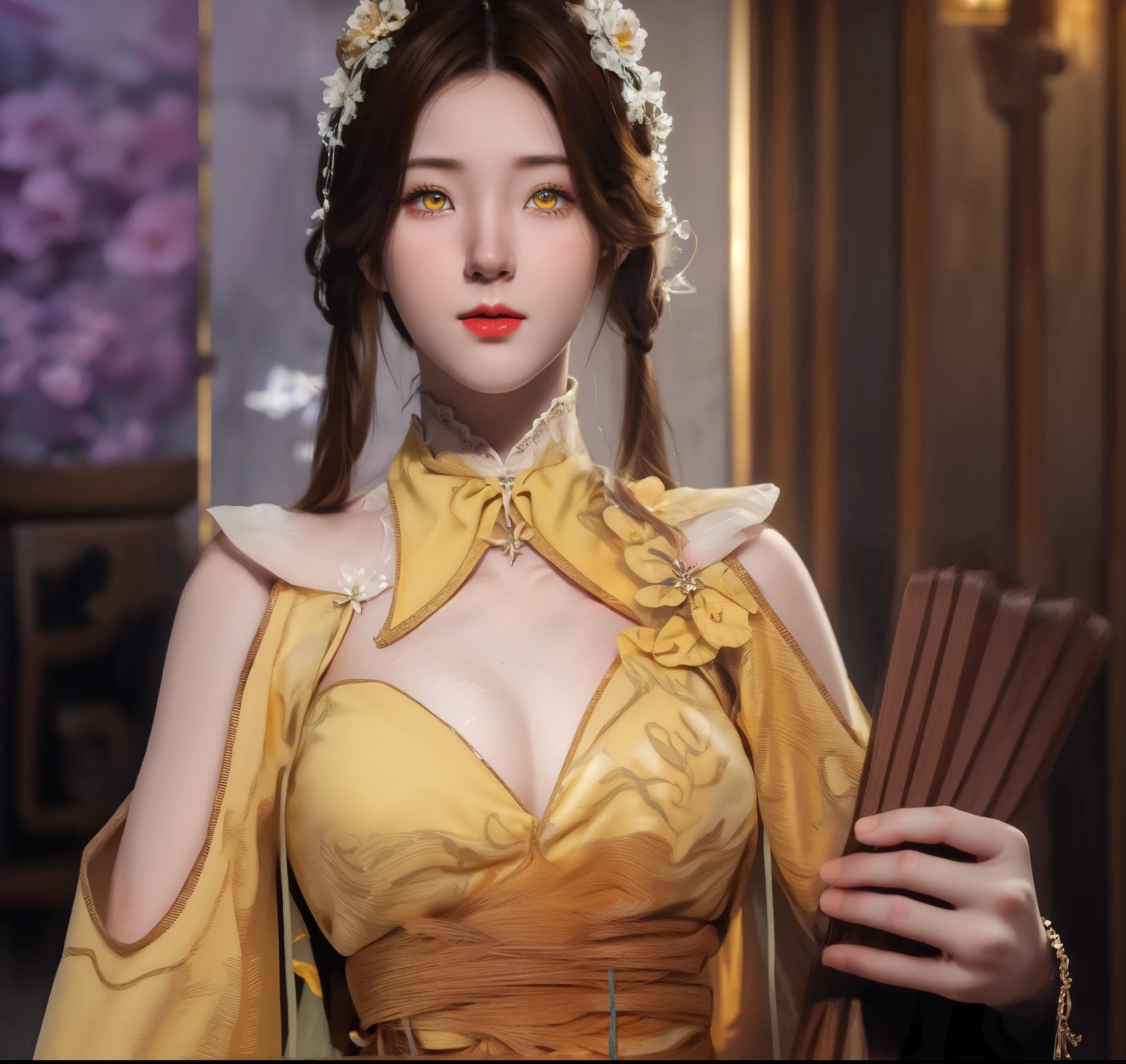 (hyperrealistic), (illustration), (high resolution), (8K), (extremely detailed), (best illustration), (beautiful detailed eyes), (best quality), (ultra-detailed), (masterpiece), (wallpaper), (photorealistic), (natural light), (rim lighting), (detailed face), (high detailed realistic skin texture), (anatomically correct), (solo), (1 girl), (high detailed realistic hair), (caramel hair:1.35), (heterochromic eyes), (detailed eyes), (light yellow eyes:1.37), (sparkling eyes), (realistic big breasts:1.5), (long legs), (slender abs), (dynamic pose), (closed tiny mouth:1.3), (concentrated expression), (topless), (cleavage:1.35)