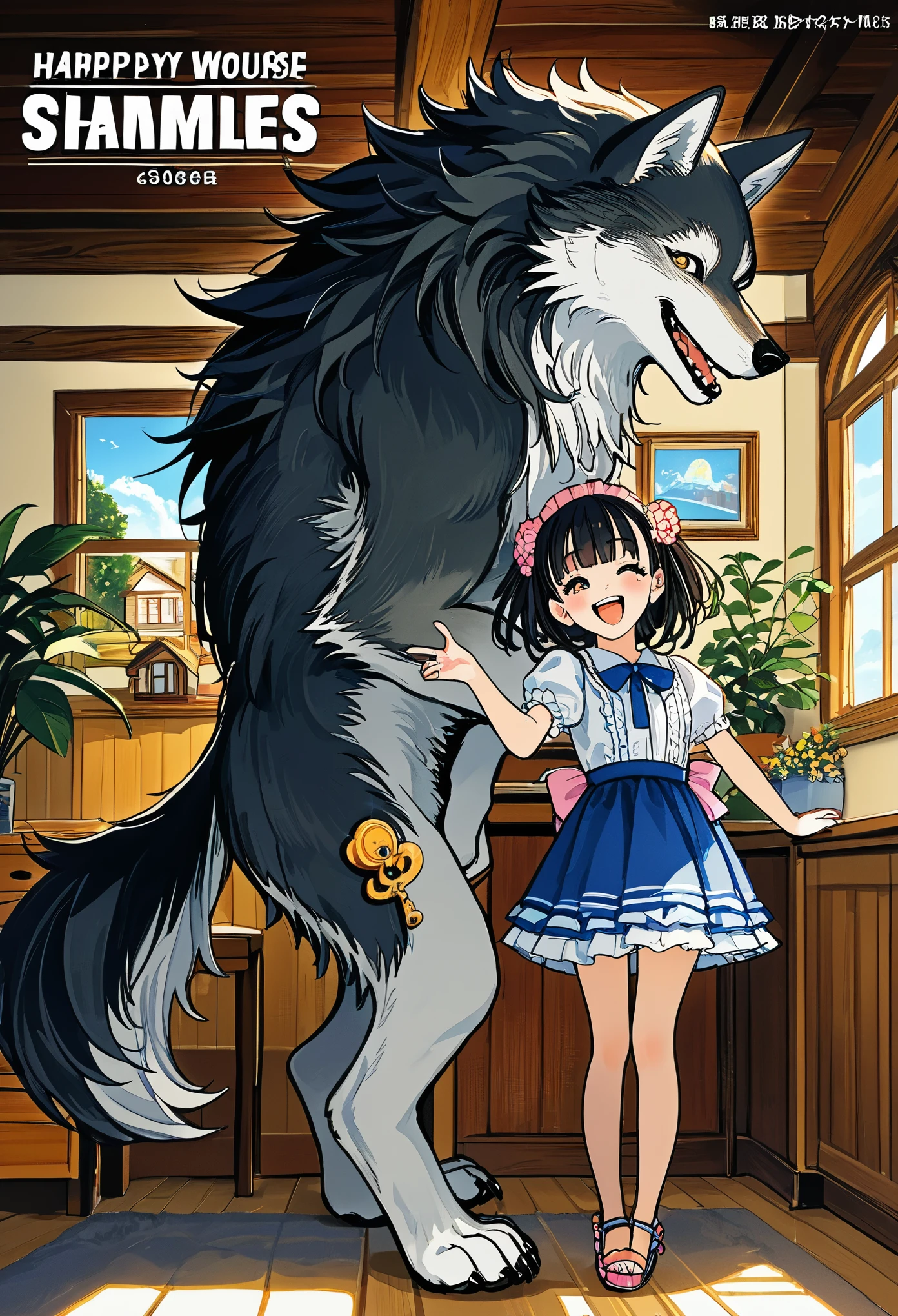 cover page, anime key visual, highres, top quality, best quality, paid reward available, High-quality illustrations, unparalleled masterpiece, perfect artwork, absurdres(home video,  joyful wife, wolf husband)in house, in room, smile, happy, perfect anatomy, fan-created work shared on platforms Pixiv or Twitter, cinematic lighting,