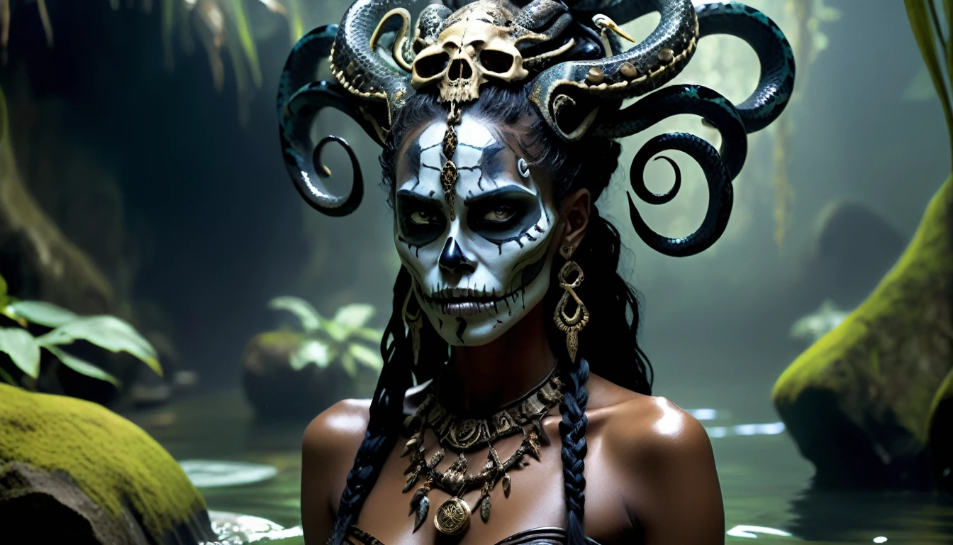 female upper body in mythical water, water surface, masterpiece, perfect face, intricate details, horror theme, epoxy_skull, dark nightmare of a 21 years old Voodoo priestess young woman with voodoo makeup and snakes in her hair, aswang, medium-sized humanoid, predatory appearance, shapeshifter, sharp, feral features, claws and fangs, glowing eyes, keen sense of smell, heightened senses, dark ominous presence, sinister malevolent expression, irritant,healthy,outlandish, bewildering, grim, decomposing, dynamic, malevolent, melancholy, flare, fast autofocus, f/22, shutter speed 1/125 sec, iso1600, white balance daylight, exposure compensation "+3.0 ev", shutter priority shooting mode, leading lines, focus mode continuous, spot metering, by milton caniff, cel shading,