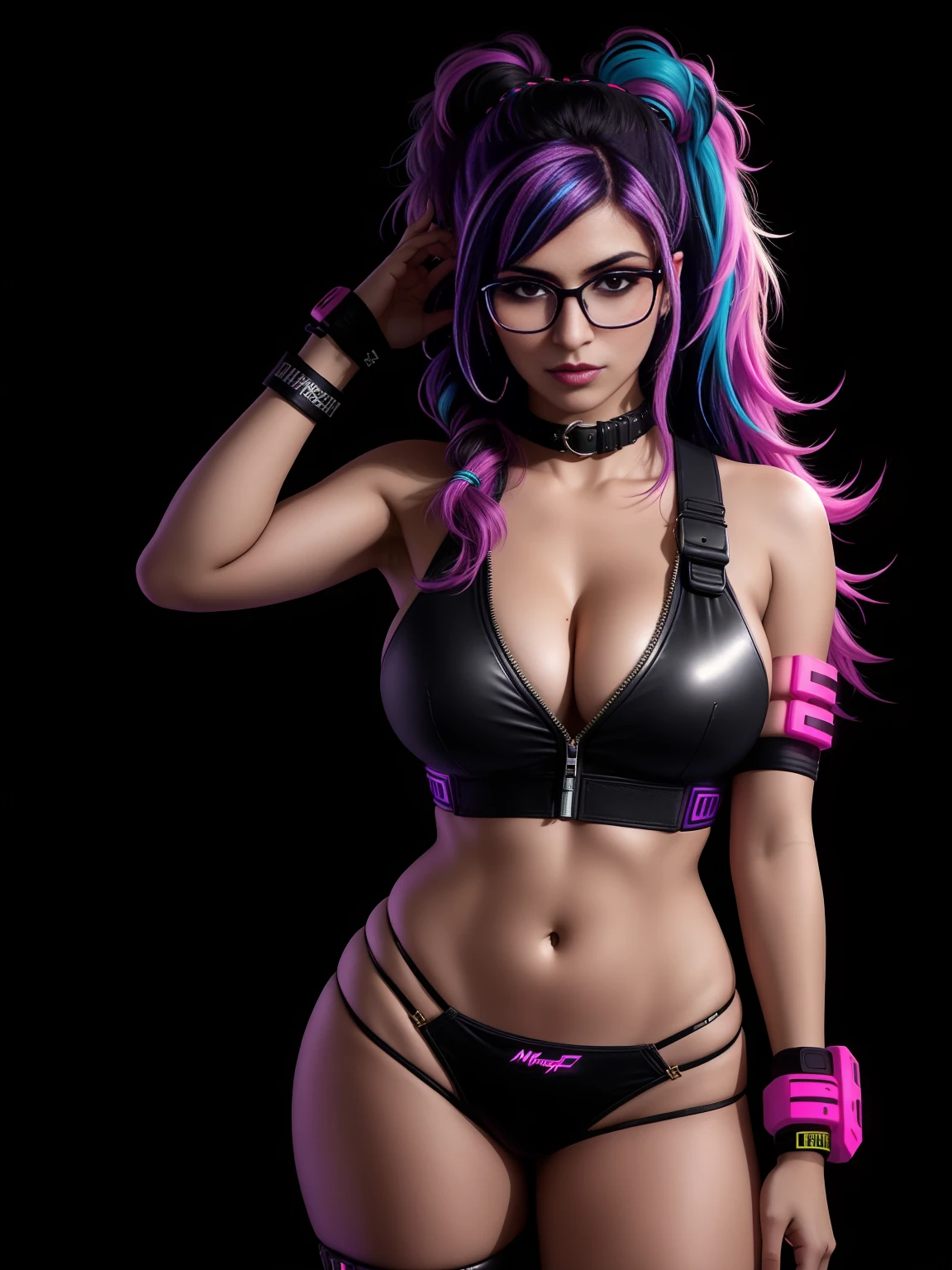 there is Mia Khalifa, wearing rayban glasses, royal blue and bright purple neon streaked hair, hair in pony tail, 3 d neon art of a womans body, neon-noir background, cyberpunk femme fatale, seductive cyberpunk dark fantasy, cyberpunk strip clubs, cyberpunk 20 y. o model girl, oppai cyberpunk, banner, high definition cgsociety, cgsociety masterpiece, trending on cgstation, kda, random hair, looking at camera, gigantic breasts, cleavage, (high detailed skin:1.2), 8k uhd, dslr, super lighting, high quality, film grain, high res, highly detailed, hyper realistic, beautiful face, beautiful body, beautiful eyes nose lips, alluring expression, very bold, upper  visible, full body photo, standing legs apart, pale translucent glowing skin, most beautiful face, cute, (well defined pubic hair:1.2)), (dark plain black background:1.4))