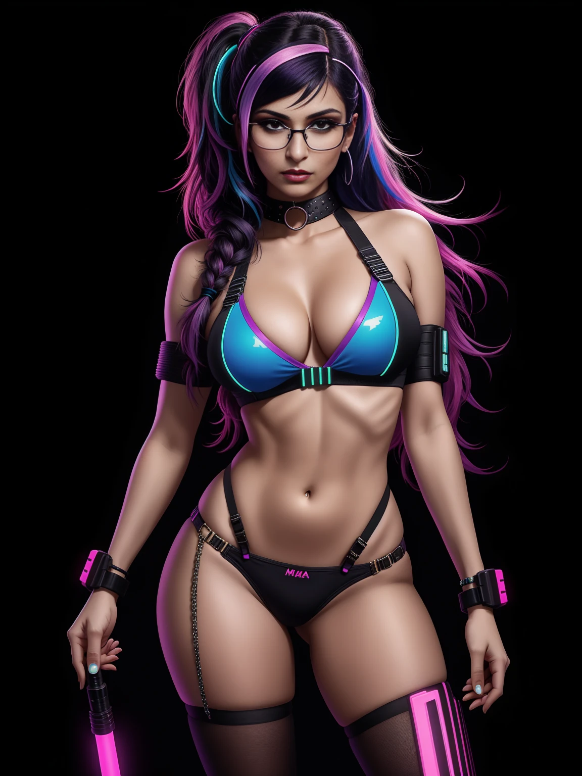 there is Mia Khalifa, wearing rayban glasses, royal blue and bright purple neon streaked hair, hair in pony tail, 3 d neon art of a womans body, neon-noir background, cyberpunk femme fatale, seductive cyberpunk dark fantasy, cyberpunk strip clubs, cyberpunk 20 y. o model girl, oppai cyberpunk, banner, high definition cgsociety, cgsociety masterpiece, trending on cgstation, kda, random hair, looking at camera, gigantic breasts, cleavage, (high detailed skin:1.2), 8k uhd, dslr, super lighting, high quality, film grain, high res, highly detailed, hyper realistic, beautiful face, beautiful body, beautiful eyes nose lips, alluring expression, very bold, upper  visible, full body photo, standing legs apart, pale translucent glowing skin, most beautiful face, cute, (well defined pubic hair:1.2)), (dark plain black background:1.4))