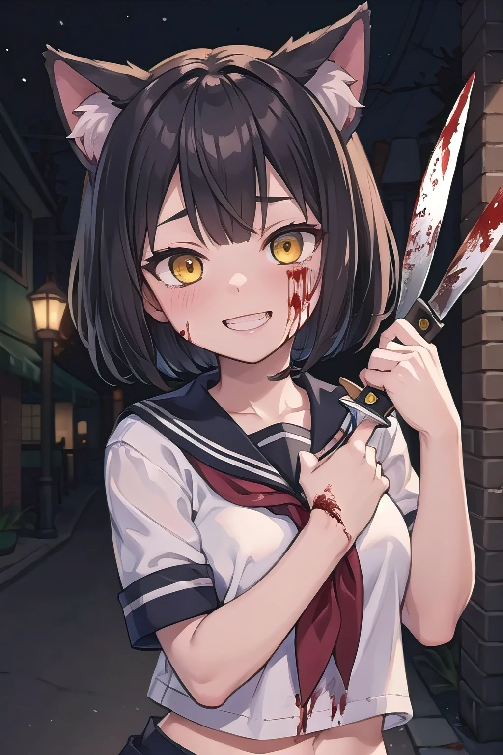 (masterpiece), night, alley, (close-up:0.8), (crazy, crazy eyes, crazy smile, yandere:1.2), 1girl, serafuku, short hair, bob hair, medium breasts, black hair, yellow eyes, blood, blood splatter, blood on face, blood on knife, (holding knife:1.2), blush, cat ears in the dark