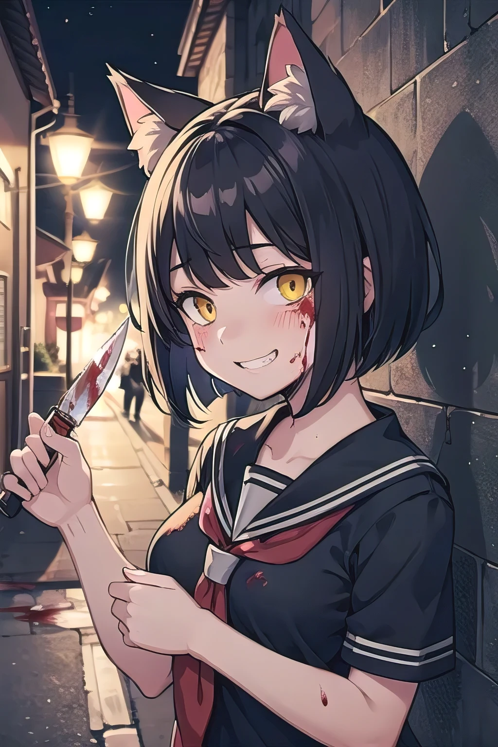 (masterpiece), night, alley, (close-up:0.8), (crazy, crazy eyes, crazy smile, yandere:1.2), 1girl, serafuku, short hair, bob hair, medium breasts, black hair, yellow eyes, blood, blood splatter, blood on face, blood on knife, (holding knife:1.2), blush, cat ears in the dark