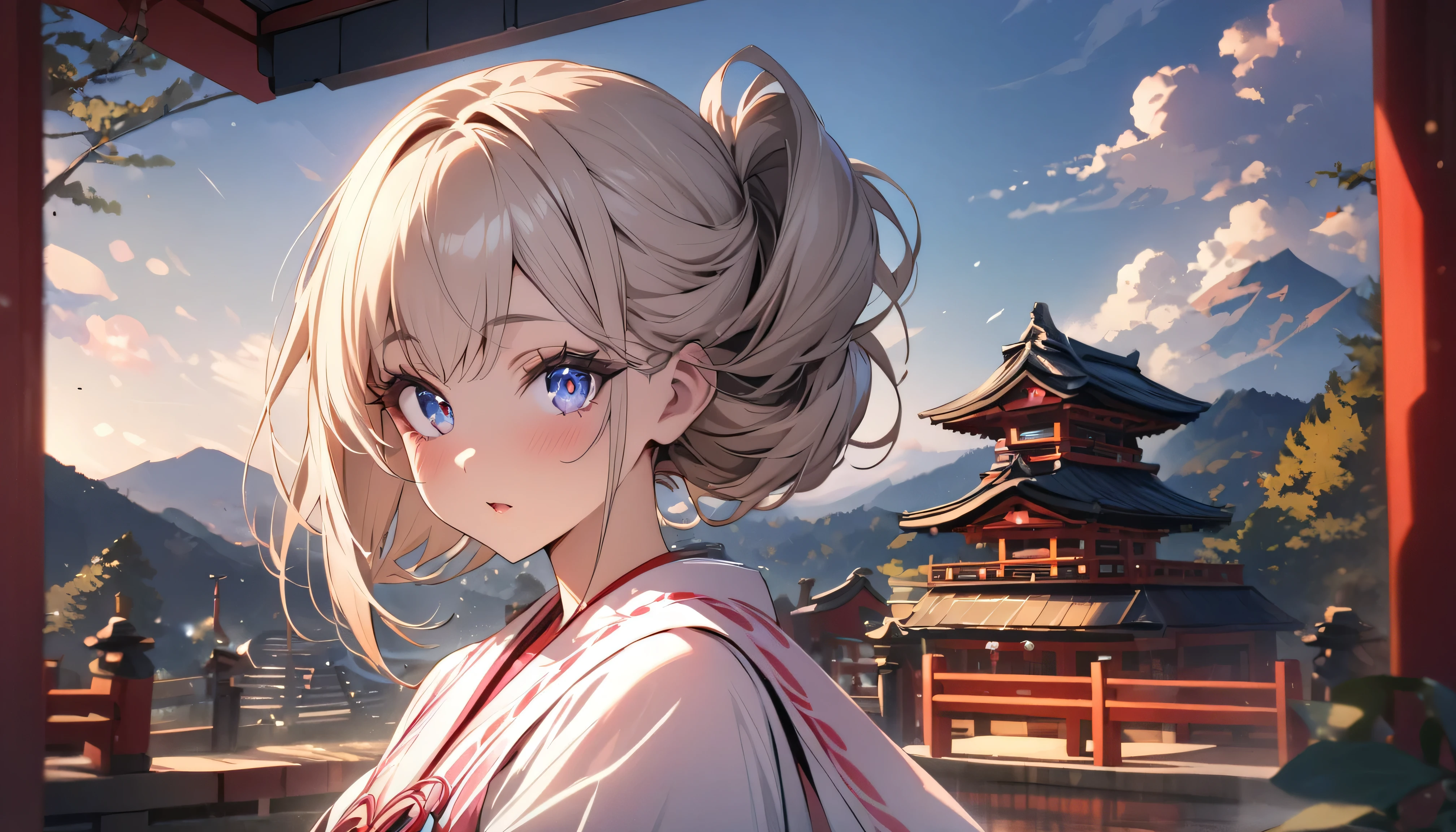 (masterpiece:1.2), (highest quality:1.2), Perfect Eyes, Perfect Face, Perfect lighting, One girl,bob, Complicated hairstyle, compensate, , Thick eyelashes,shrine,Shrine maiden,magnificent panorama view
