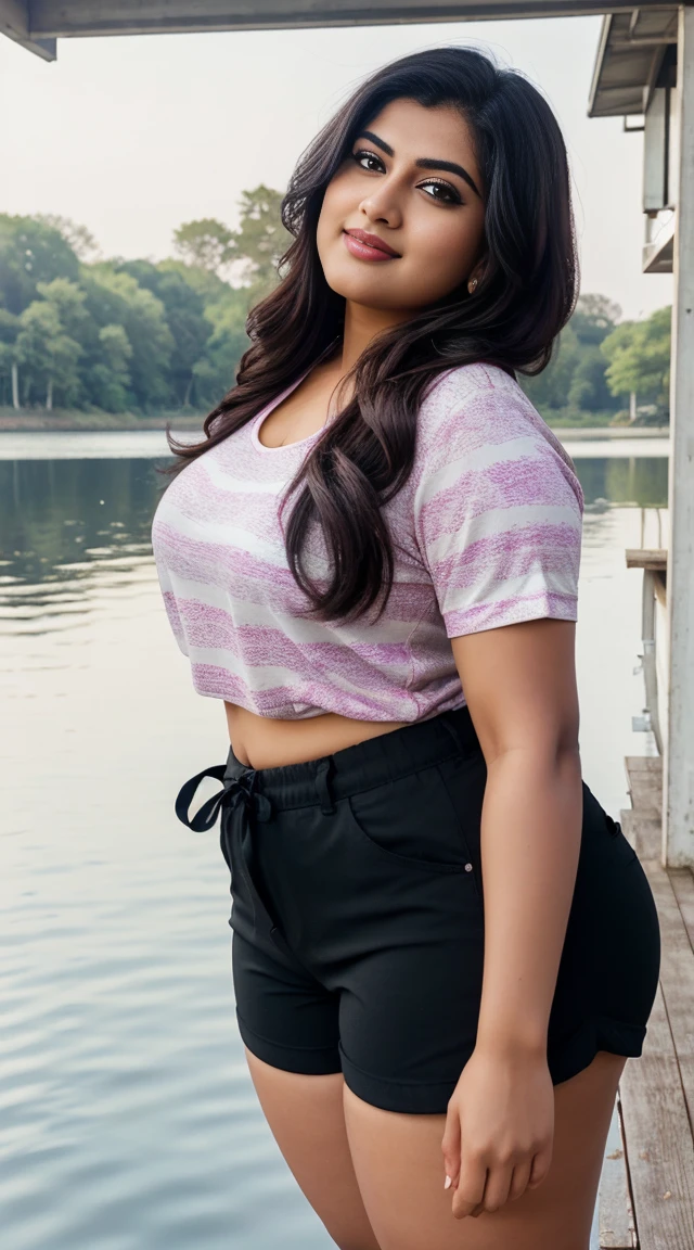 srabanti chatterjee Indian beautiful actress curvy plus size hour glass bulky figure woman, closeup camera view, wearing Young Boy Spider Printed Color Block Short Sleeve Top And Shorts Set For Summer, different style hairstyle, bright eyes, thin eyebrows, fair skin, blushing cheeks, prefect head to toe view, full body view, Lakeside Pier: A serene pier on a calm lake with reflections and peaceful surroundings. smile face, black hair, Indian face, perfect skin tone light, ultra realistic skin texture