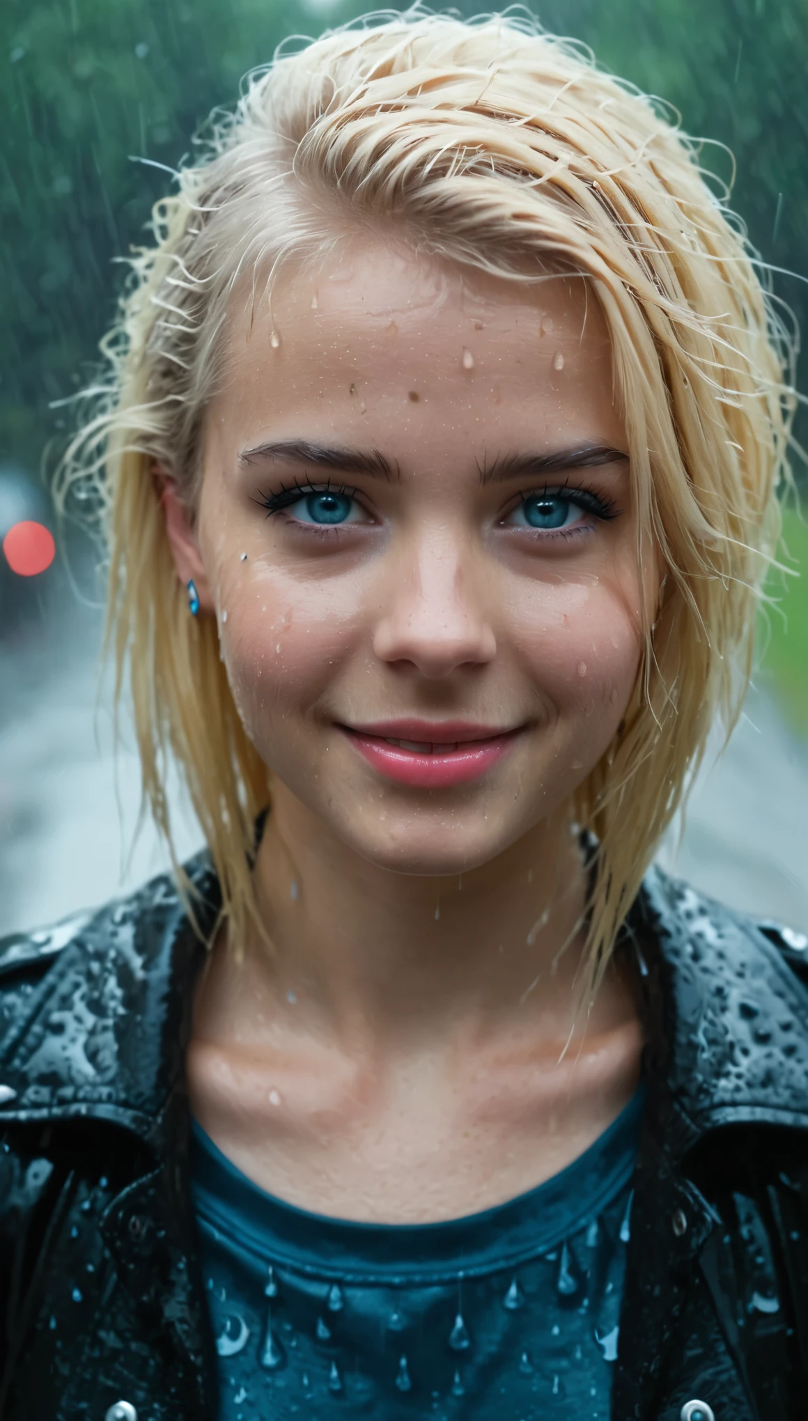 a wide shot, top view, a beautiful young blonde punk girl, standing in the rain, smiling with her blue eyes, as raindrops fall on her face