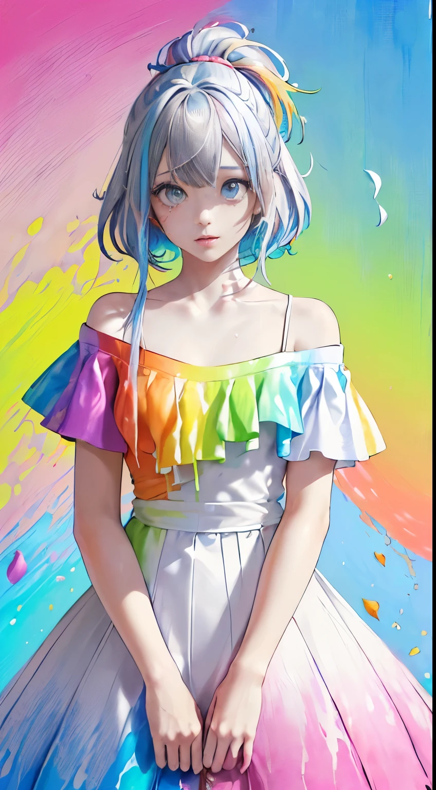 (Pink Fashion T-Shirt:1.9),(colorfulな髪: 1.8), (All the colors of the rainbow: 1.8),(((((vertical painting:1.6))), (painting:1.6),front, comics, figures, paintings, Big eyes, Clear eyes,( Rainbow gradient high ponytail:1.7), Exquisite makeup, Mouth closed,(Small Fresh: 1.5),(Wipe the chest: 1.6) ,Long eyelashes, White off-the-shoulder T-shirt, White shoulder shirt,Looking at the audience, Big teary eyes, (Rainbow Hair:1.6), カラーsplash, (alone:1.8), カラーsplash, An explosion of colors, thick paint style, Messy Lines, ((The Shining)),(colorful), (colorful), (colorful), colorful, Thick paint Style, (splash) (Color splash), Vertical painting, Upper Body, paint splash, Acrylic Pigments, Slope, paint, Best image quality, highest quality, masterpiece, alone, Depth of written boundary, Face paint, colorful clothes, (elegant: 1.2), nice,Long Hair, Wind, (elegant: 1.3), (petal: 1.4),(((masterpiece))),(((highest quality))),((Very detailed)),(figure),(Dynamic Angle),((floating)),(paint),((Disheveled Hair)),(alone),(One girl) , (((Detailed anima face))),((Beautifully detailed face)),collar,Exposing shoulders,Gray Hair, ((colorful hair)),((Striped Hair)),Beautiful fine details,(Slope color eyes),(((colorful eyes))),(((colorful background))),(((High saturation))),(((surrounded by colorful splashes))),
