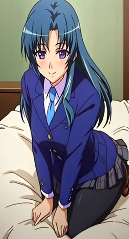 masterpiece, lots of details, 4k, (Super detailed), High resolution, cinematic lighting, atmosphere lighting, official artwork, cowboy shot, outdoor, School, Sayuri, 1 girl, alone, female focus, long hair, blue hair, floating hair, purple eyes, looking at the viewer, blush, smile, tie, Jacket, blazer, skirt, pantyhose, ((sexual pose:1.5)), ((spread legs:1.5)), big breasts, miniskirt, plaid skirt