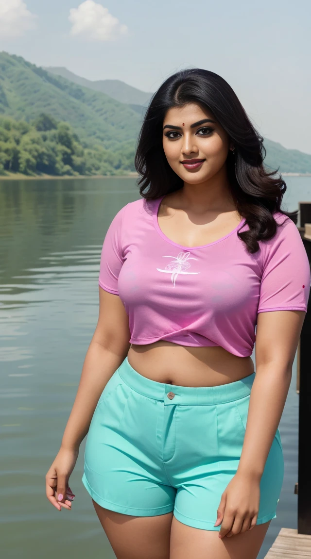 srabanti chatterjee Indian beautiful actress curvy plus size hour glass bulky figure woman, closeup camera view, wearing Young Boy Spider Printed Color Block Short Sleeve Top And Shorts Set For Summer, different style hairstyle, bright eyes, thin eyebrows, fair skin, blushing cheeks, prefect head to toe view, full body view, Lakeside Pier: A serene pier on a calm lake with reflections and peaceful surroundings. smile face, black hair, Indian face, perfect skin tone light, ultra realistic skin texture