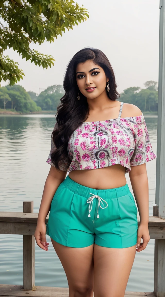 srabanti chatterjee Indian beautiful actress curvy plus size hour glass bulky figure woman, closeup camera view, wearing Young Boy Spider Printed Color Block Short Sleeve Top And Shorts Set For Summer, different style hairstyle, bright eyes, thin eyebrows, fair skin, blushing cheeks, prefect head to toe view, full body view, Lakeside Pier: A serene pier on a calm lake with reflections and peaceful surroundings. smile face, black hair, Indian face, perfect skin tone light, ultra realistic skin texture