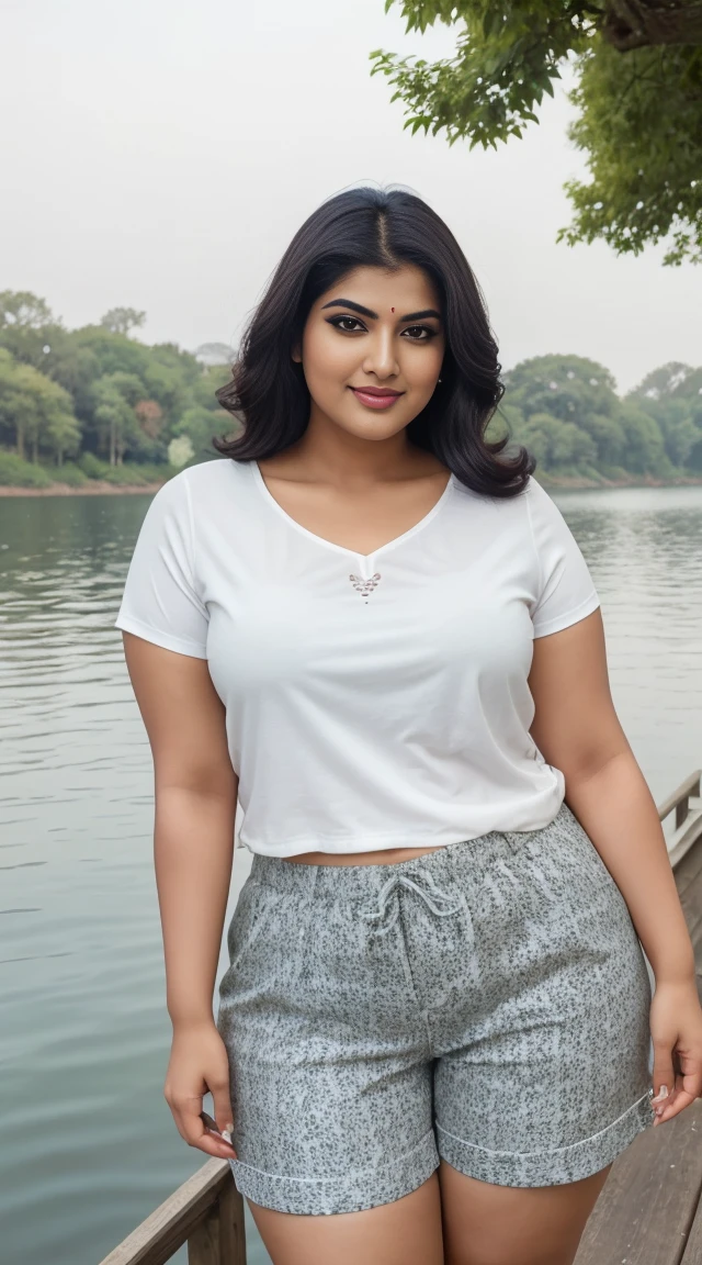 srabanti chatterjee Indian beautiful actress curvy plus size hour glass bulky figure woman, closeup camera view, wearing Young Boy Spider Printed Color Block Short Sleeve Top And Shorts Set For Summer, different style hairstyle, bright eyes, thin eyebrows, fair skin, blushing cheeks, prefect head to toe view, full body view, Lakeside Pier: A serene pier on a calm lake with reflections and peaceful surroundings. smile face, black hair, Indian face, perfect skin tone light, ultra realistic skin texture