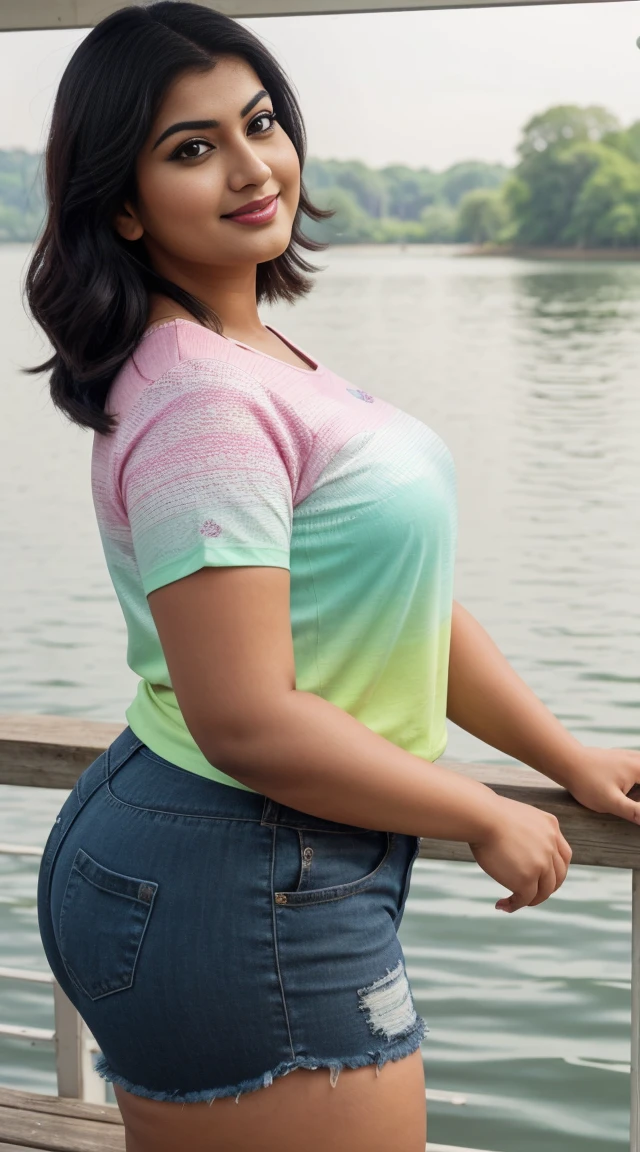 srabanti chatterjee Indian beautiful actress curvy plus size hour glass bulky figure woman, closeup camera view, wearing Young Boy Spider Printed Color Block Short Sleeve Top And Shorts Set For Summer, different style hairstyle, bright eyes, thin eyebrows, fair skin, blushing cheeks, prefect head to toe view, full body view, Lakeside Pier: A serene pier on a calm lake with reflections and peaceful surroundings. smile face, black hair, Indian face, perfect skin tone light, ultra realistic skin texture