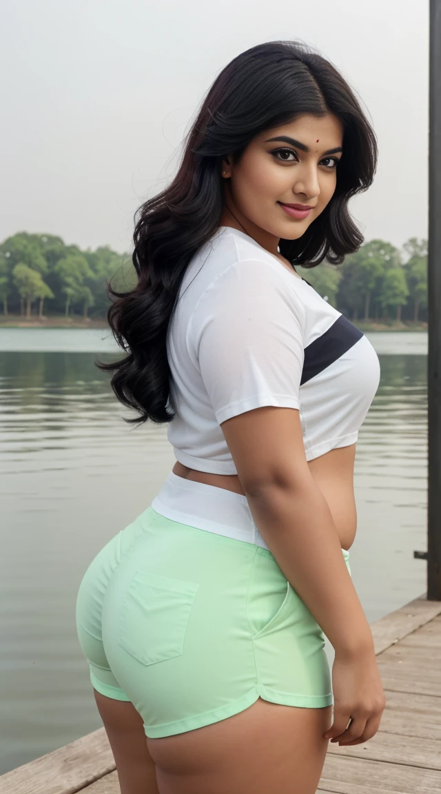 srabanti chatterjee Indian beautiful actress curvy plus size hour glass bulky figure woman, closeup camera view, wearing Young Boy Spider Printed Color Block Short Sleeve Top And Shorts Set For Summer, different style hairstyle, bright eyes, thin eyebrows, fair skin, blushing cheeks, prefect head to toe view, full body view, Lakeside Pier: A serene pier on a calm lake with reflections and peaceful surroundings. smile face, black hair, Indian face, perfect skin tone light, ultra realistic skin texture