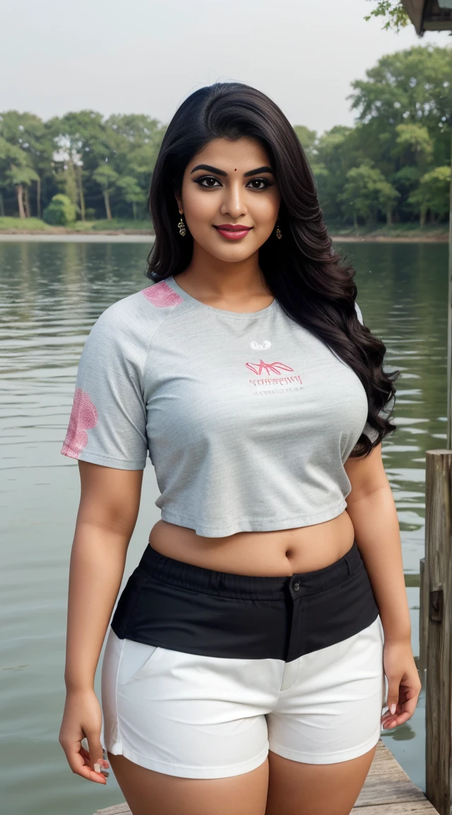 srabanti chatterjee Indian beautiful actress curvy plus size hour glass bulky figure woman, closeup camera view, wearing Young Boy Spider Printed Color Block Short Sleeve Top And Shorts Set For Summer, different style hairstyle, bright eyes, thin eyebrows, fair skin, blushing cheeks, prefect head to toe view, full body view, Lakeside Pier: A serene pier on a calm lake with reflections and peaceful surroundings. smile face, black hair, Indian face, perfect skin tone light, ultra realistic skin texture