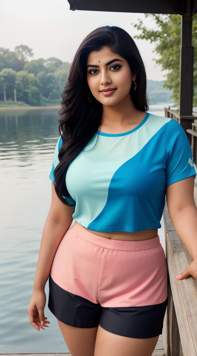 srabanti chatterjee Indian beautiful actress curvy plus size hour glass bulky figure woman, closeup camera view, wearing Young Boy Spider Printed Color Block Short Sleeve Top And Shorts Set For Summer, different style hairstyle, bright eyes, thin eyebrows, fair skin, blushing cheeks, prefect head to toe view, full body view, Lakeside Pier: A serene pier on a calm lake with reflections and peaceful surroundings. smile face, black hair, Indian face, perfect skin tone light, ultra realistic skin texture