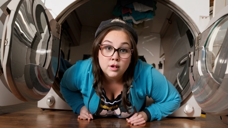 brunette ssbbw wearing leggings and a hoodie with glasses and a baseball cap stuck in the washing machine, view from behind
