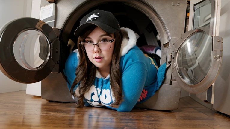 brunette ssbbw wearing leggings and a hoodie with glasses and a baseball cap stuck in the washing machine