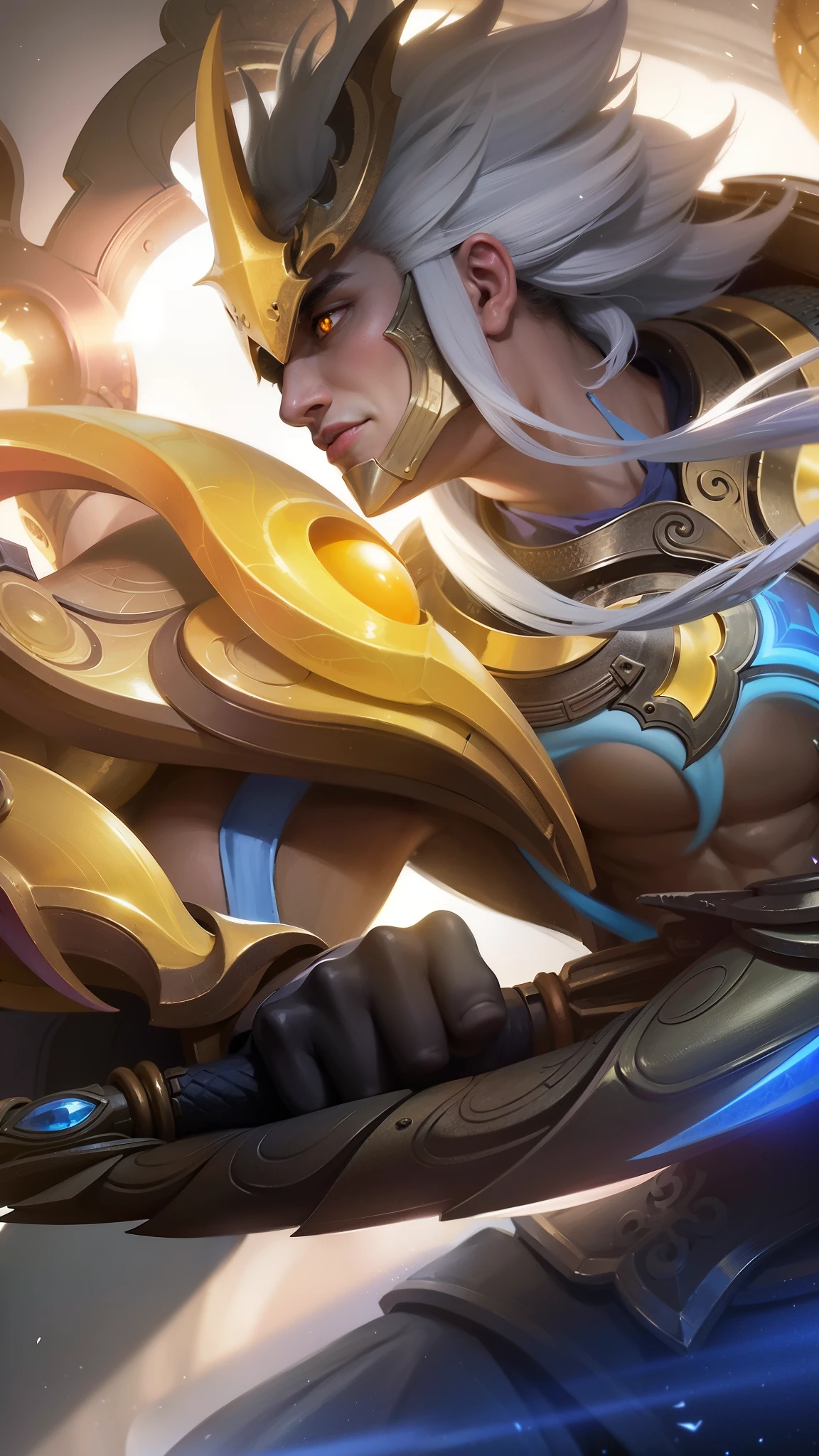 a guy with a sword and a helmet, Masterpiece, ultra HD, detailed all picture, a close up of a devil, dyrroth from mobile legend, evil, extremely detailed artgerm, mobile legends character, inspired by Dyrroth, Six pack chest and abs, black jewel above the chest, light yellow eyes, angry.