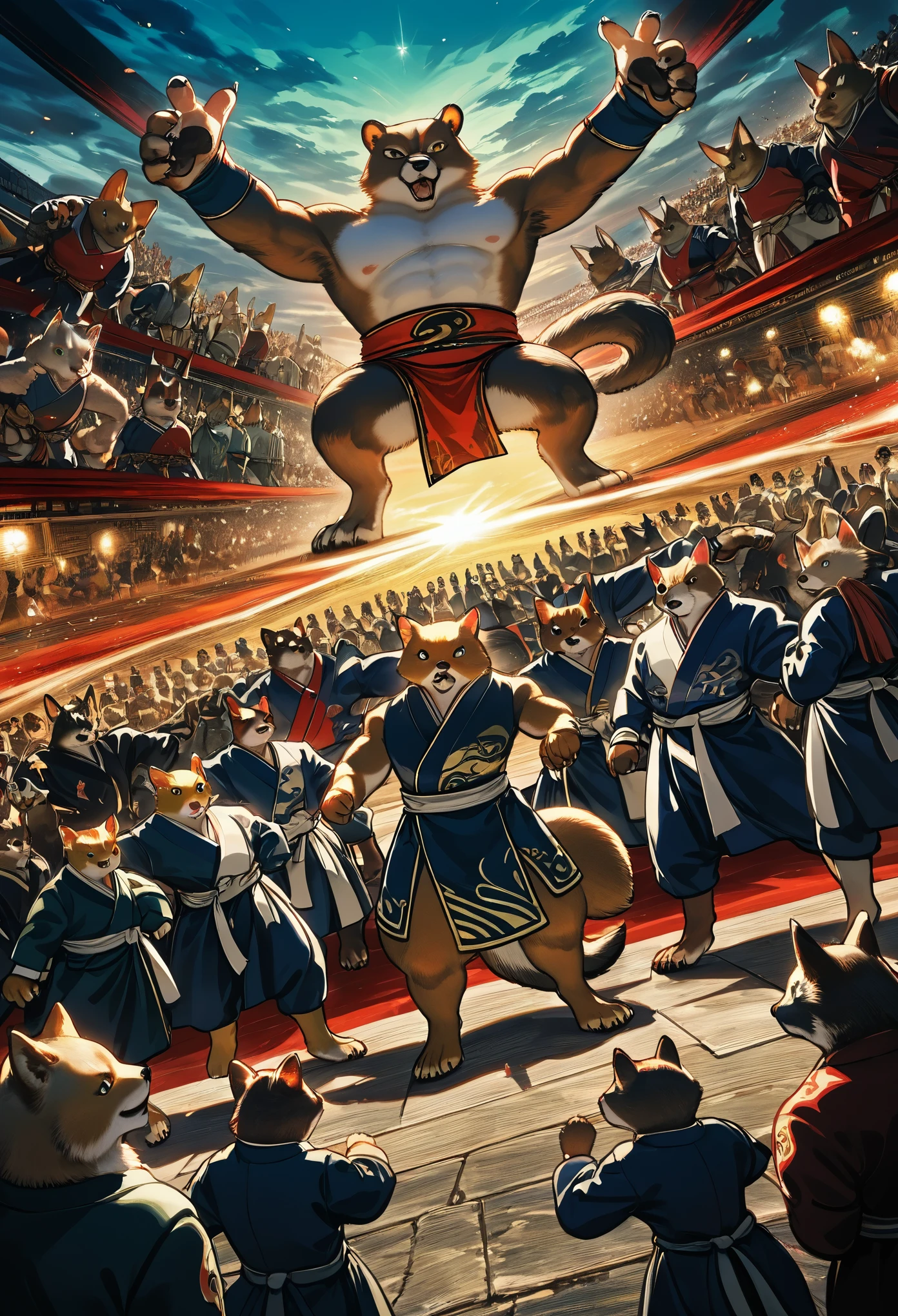 <lora:rikishi:0.7>, solo focus, realistic, dancing, gameplay mechanics, fake screenshot, sumo, stage lights, dancing, rainbow gradient, rainbow order, summoning, pentagram, detailed face, niconico, vampire \(game\), mature fat man