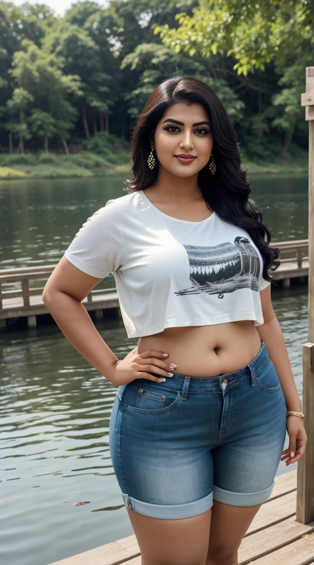 srabanti chatterjee Indian beautiful actress curvy plus size hour glass bulky figure woman, closeup camera view, wearing Young Boy Spider Printed Color Block Short Sleeve Top And Shorts Set For Summer, different style hairstyle, bright eyes, thin eyebrows, fair skin, blushing cheeks, prefect head to toe view, full body view, Lakeside Pier: A serene pier on a calm lake with reflections and peaceful surroundings. smile face, black hair, Indian face, perfect skin tone light, ultra realistic skin texture