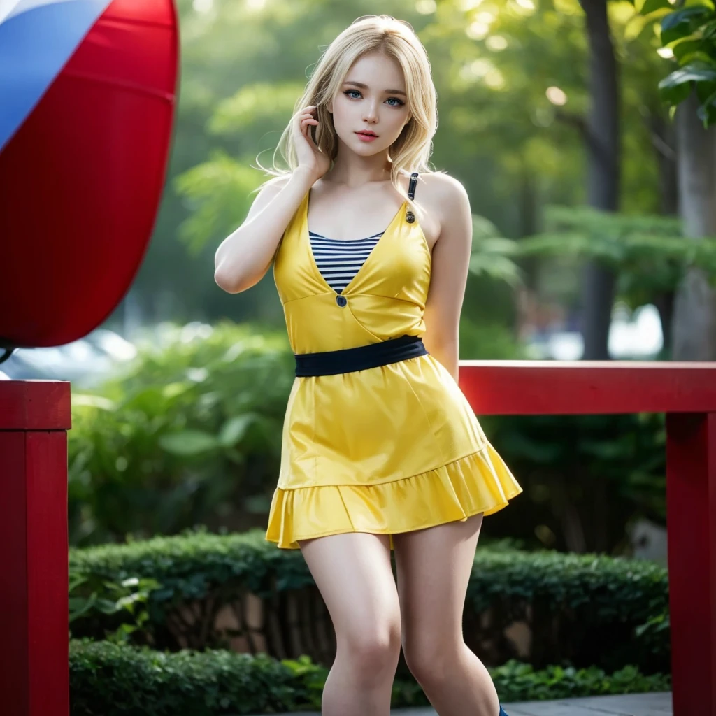 Marie Rose, light blue eyes, (best quality, ultra-detailed), (realistic:1.37), beautiful and detailed face, ultra-realistic texture, delicate face, delicate body, red lipstick, bright colors. High definition, 8k. athletic body