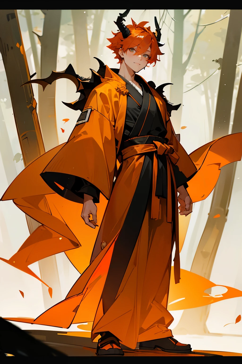 Masterpiece Quality, Perfect Generation, Detailed Eyes, , , Orange Medium Messy Spiky Hair Undercut, Hair Tied, , , , Male, , Detailed Eyes, Standing In Forest City, Facing Viewer, , Male, , Full Body, , Orange Hair, Orange Eyeliner, Horns, Muscular, Swordsman, Orange And White Robes